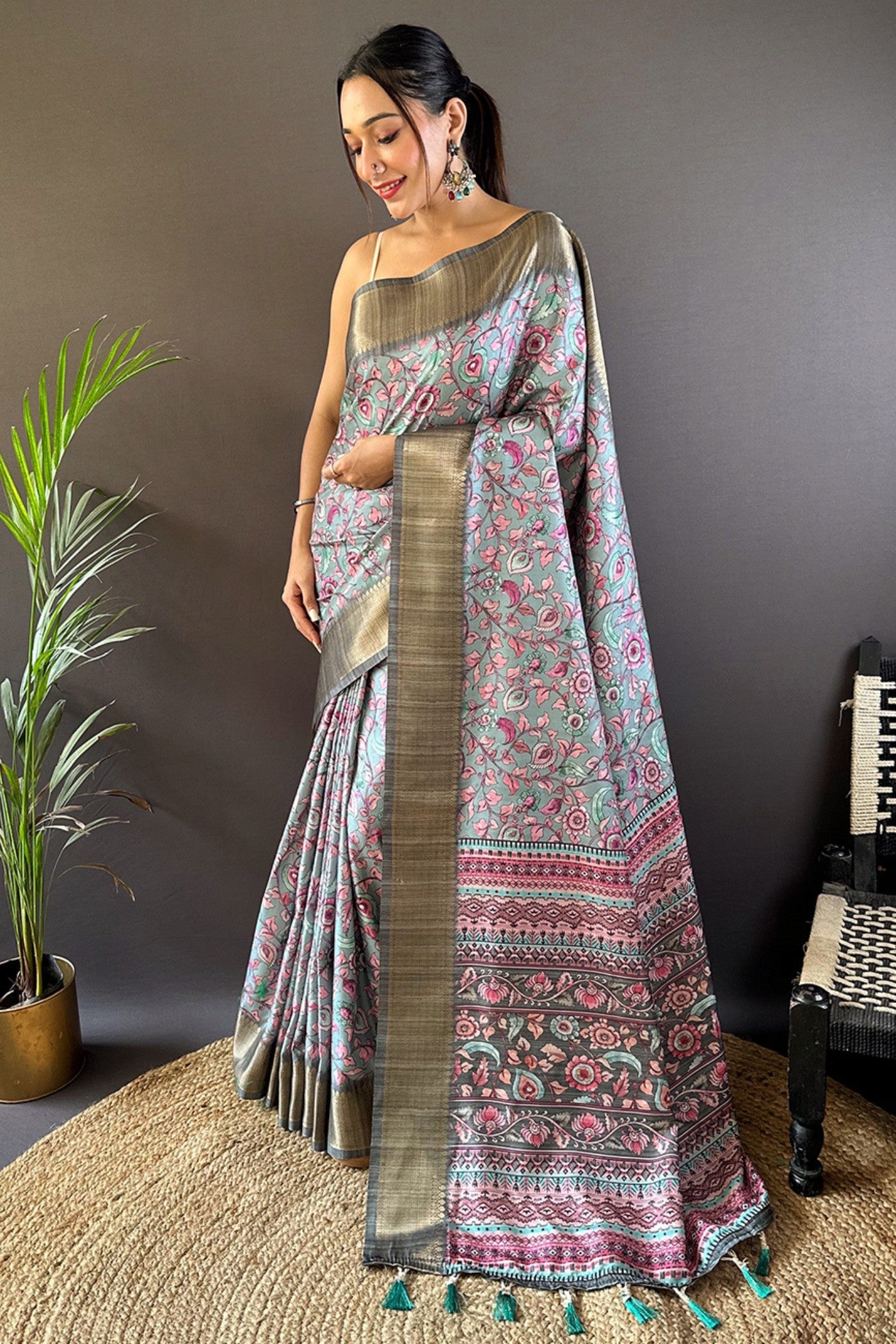 Buy MySilkLove Stone Grey Printed Tussar Silk Saree Online