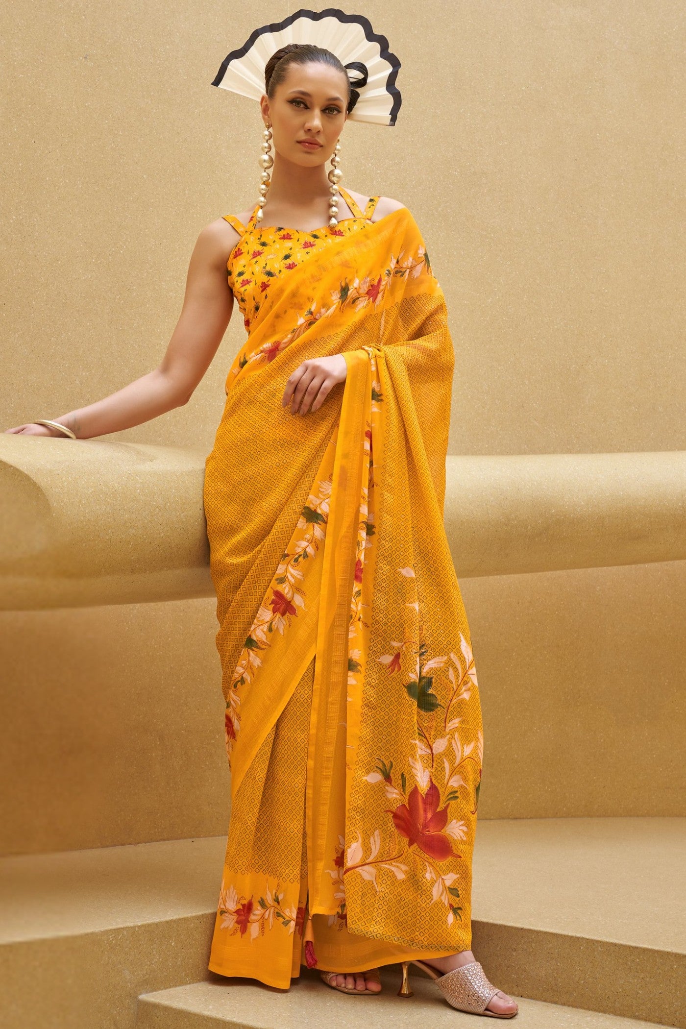 Buy MySilkLove Tulip Yellow Georgette Printed Saree Online