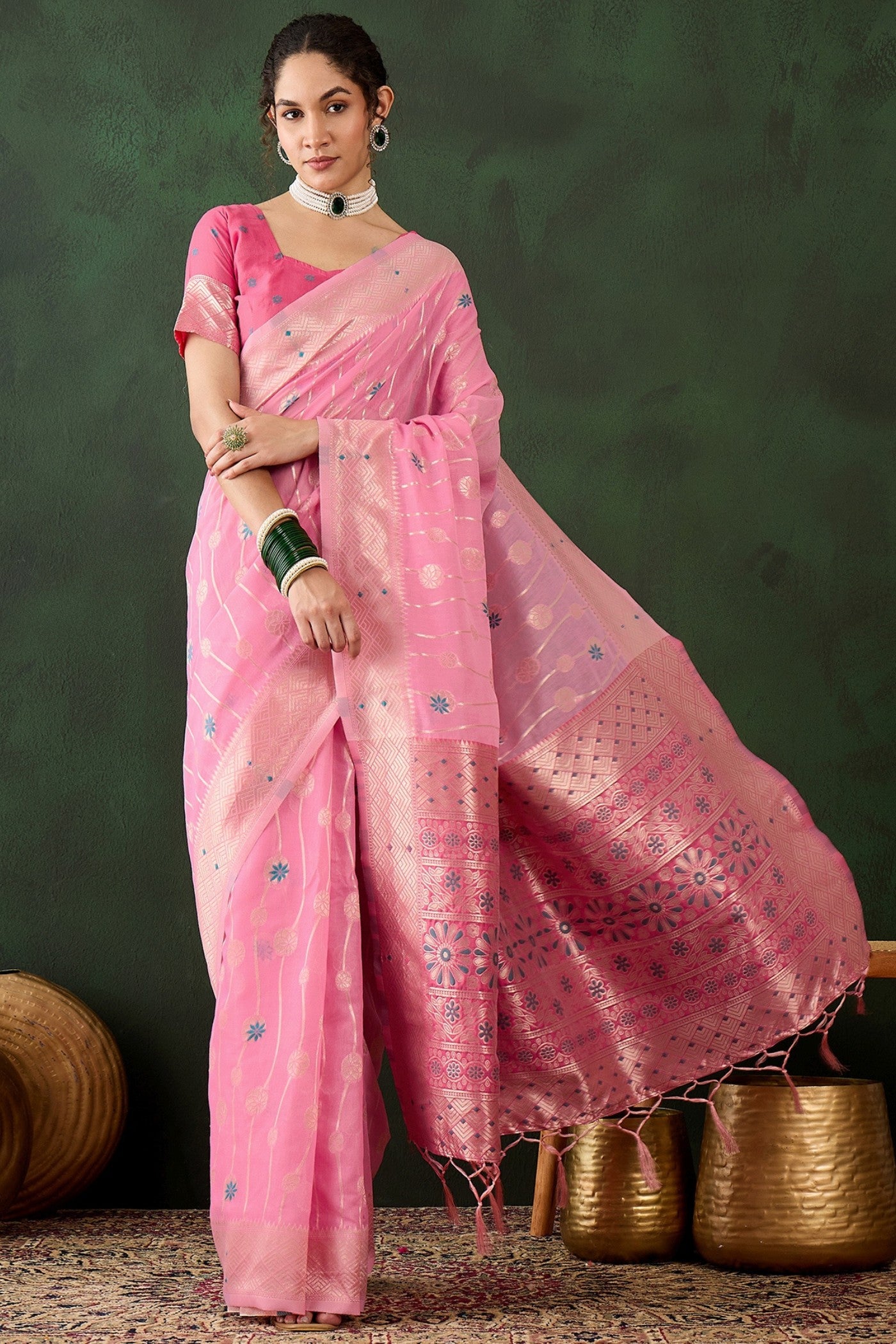 Buy MySilkLove Charm Pink Woven Cotton Saree Online