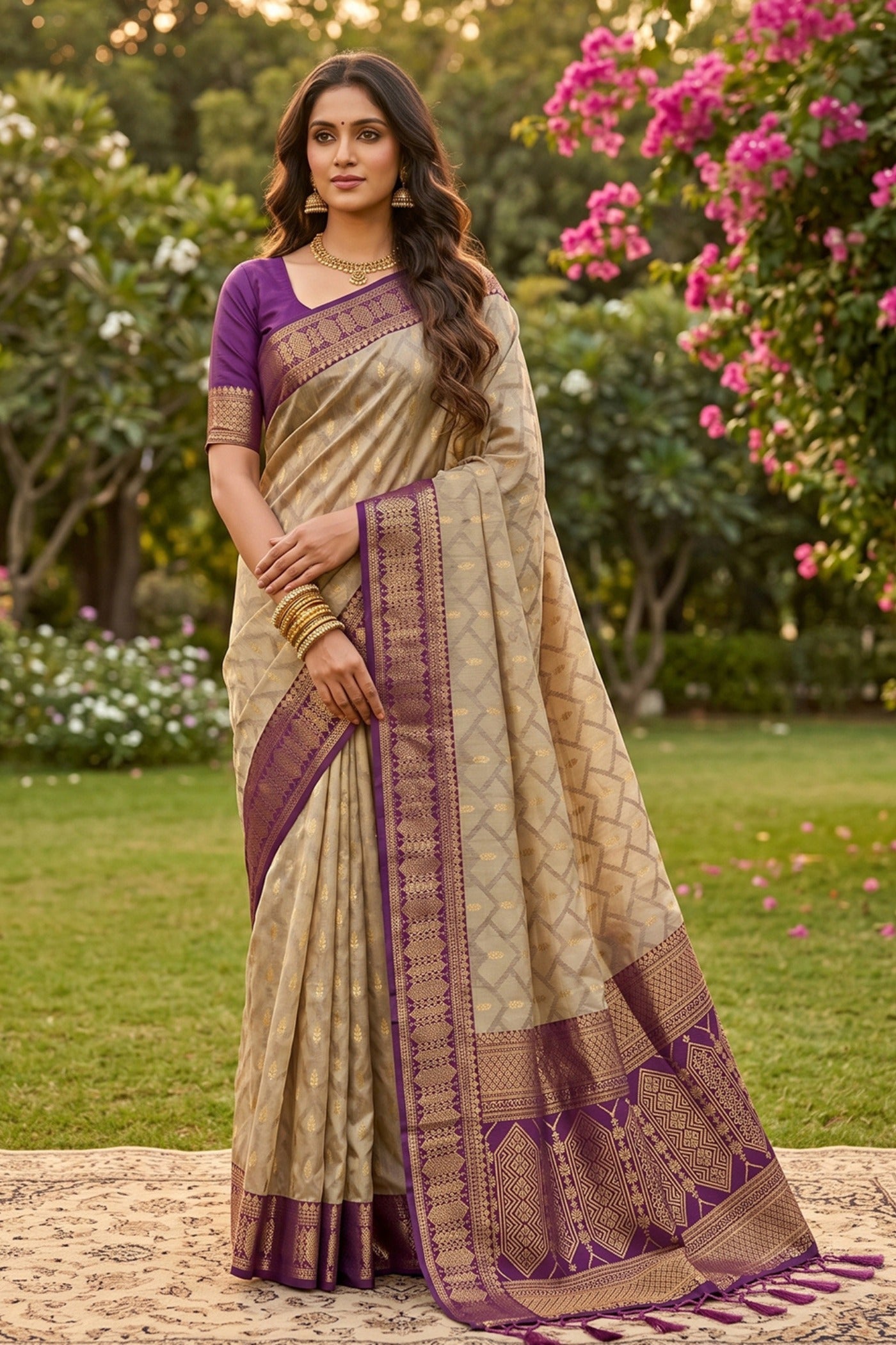 Buy MySilkLove Antique Cream and Purple Woven Banarasi Cotton Saree Online