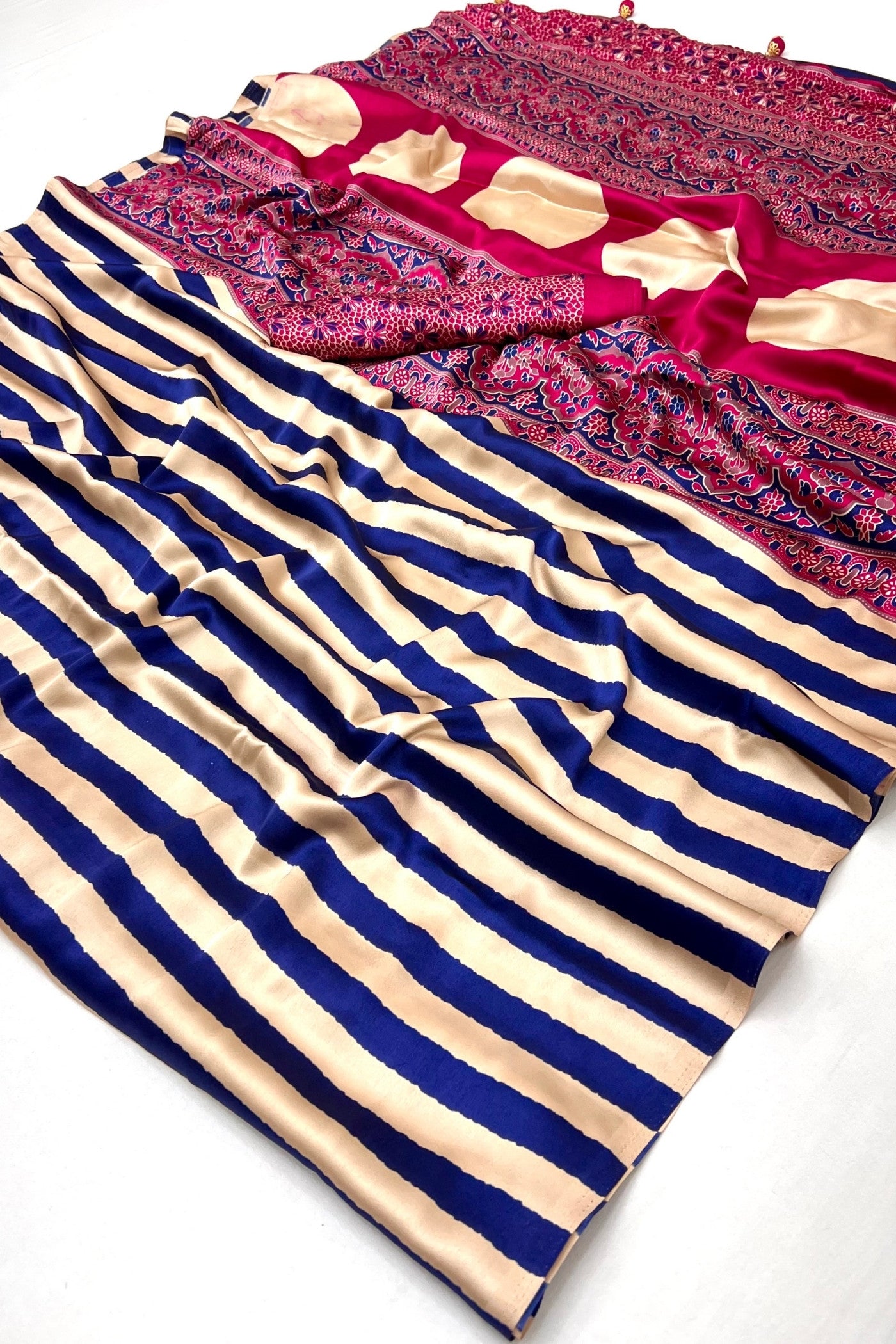Buy MySilkLove Sapphire Blue Stripe Ajrakh Printed Satin Gaji Silk Saree Online