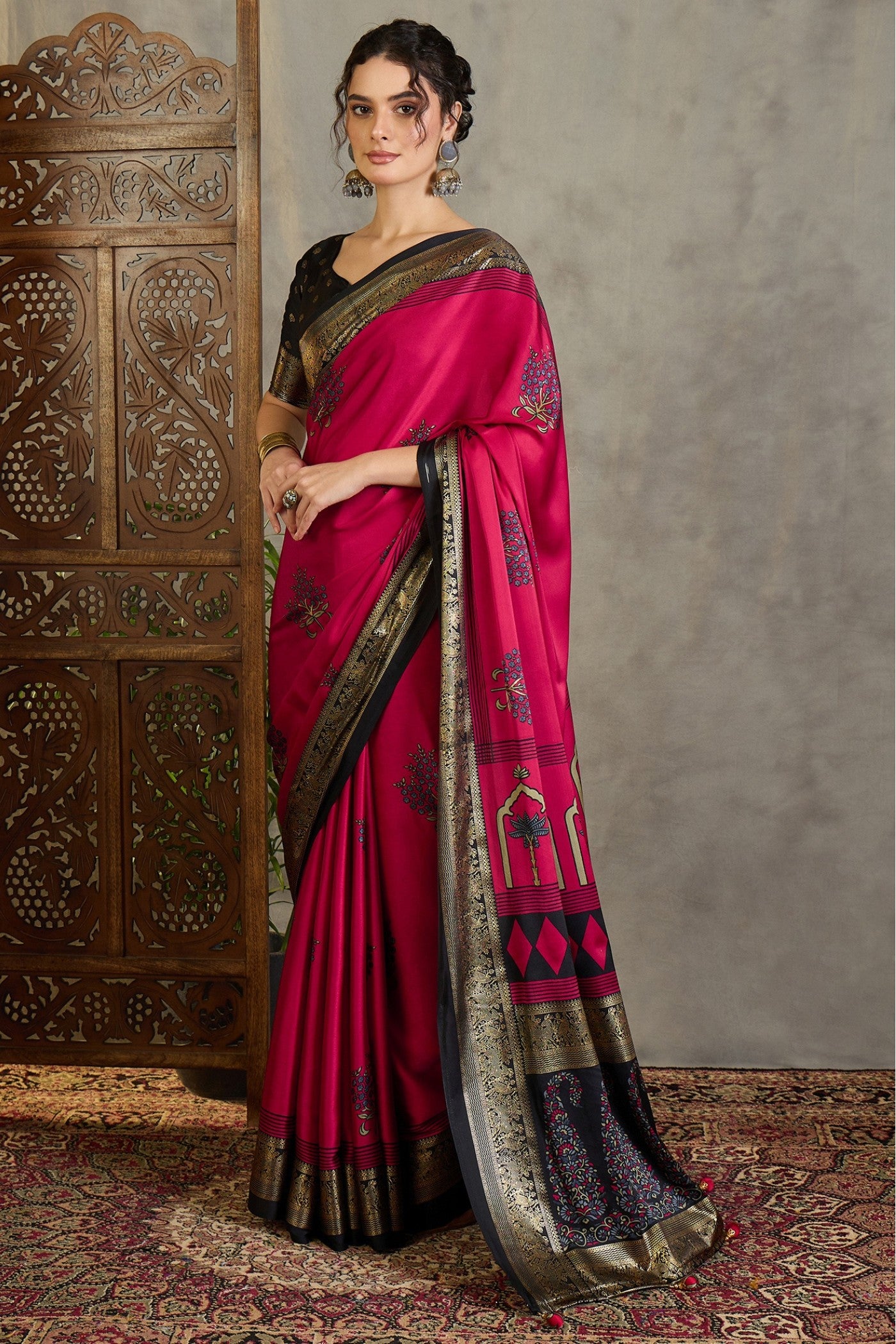 Buy MySilkLove Auburn Red and Black Printed Satin Crepe Silk Saree Online