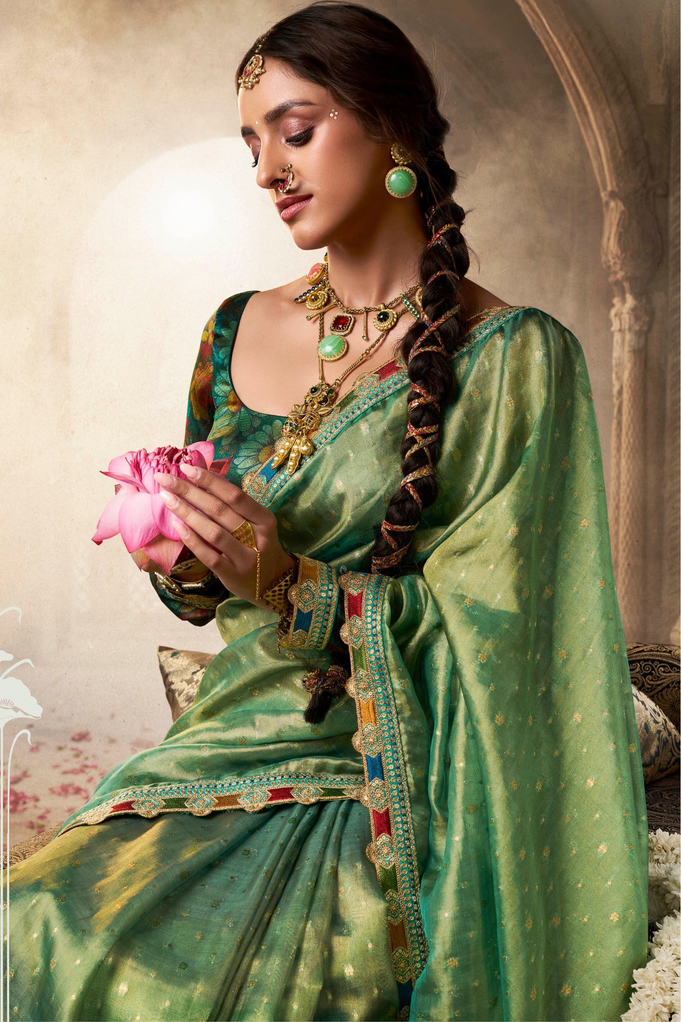 Buy MySilkLove Highland Green Tissue Designer Saree Online