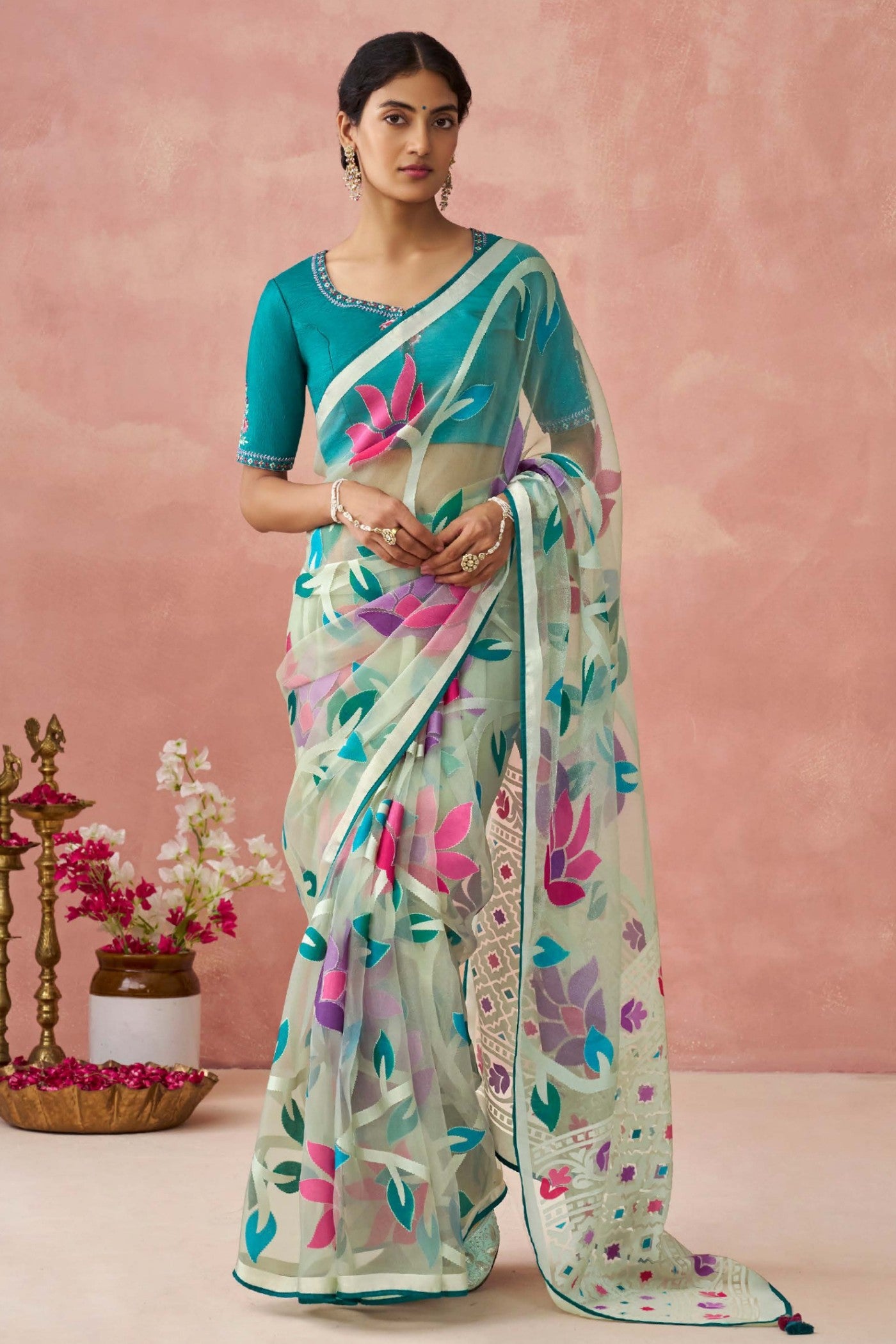 Buy MySilkLove Elm Blue and White Brasso Organza Printed Saree Online