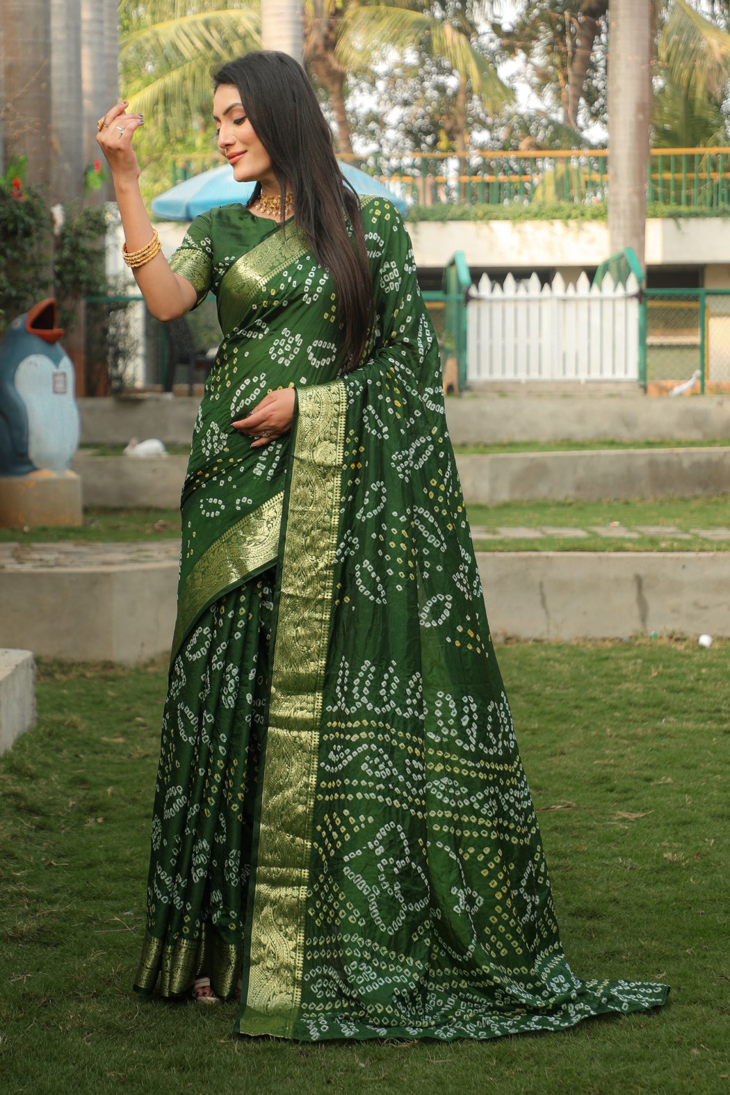 Buy MySilkLove Tom Thumb Green Designer Bandhani Printed Saree Online