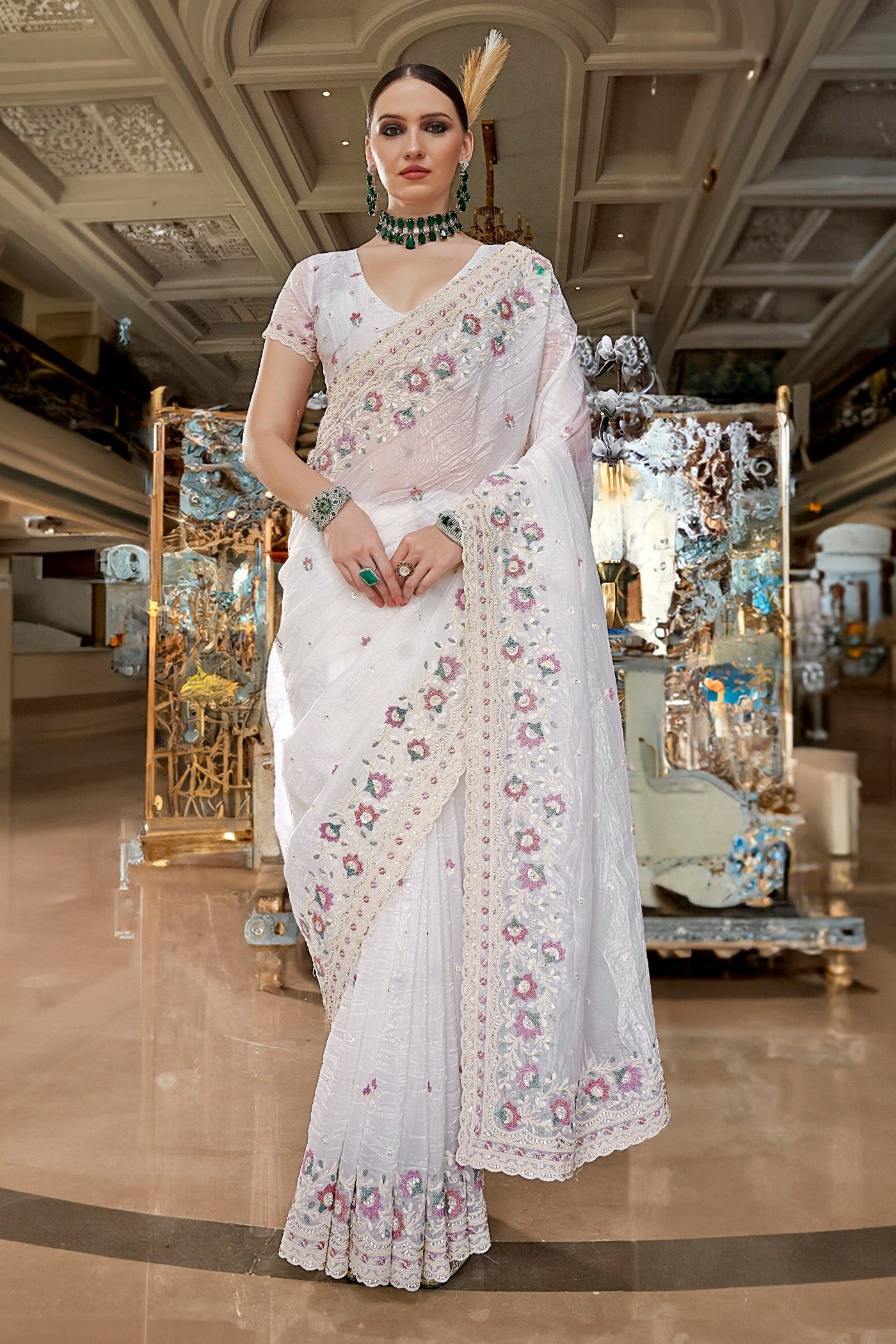 Buy MySilkLove Pearl White Embroidery Designer Saree Online