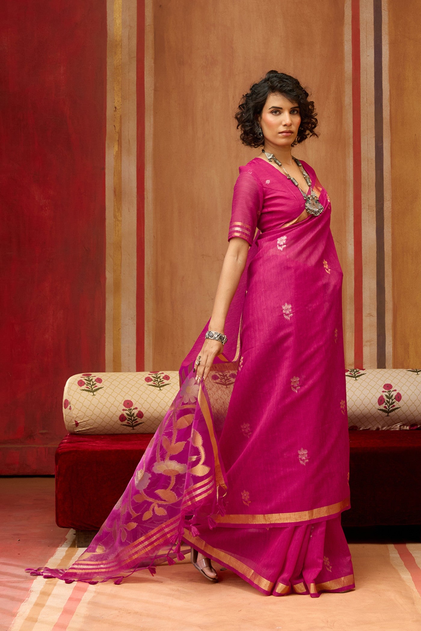 Buy MySilkLove Baby Pink Handloom Munga Cotton Saree Online