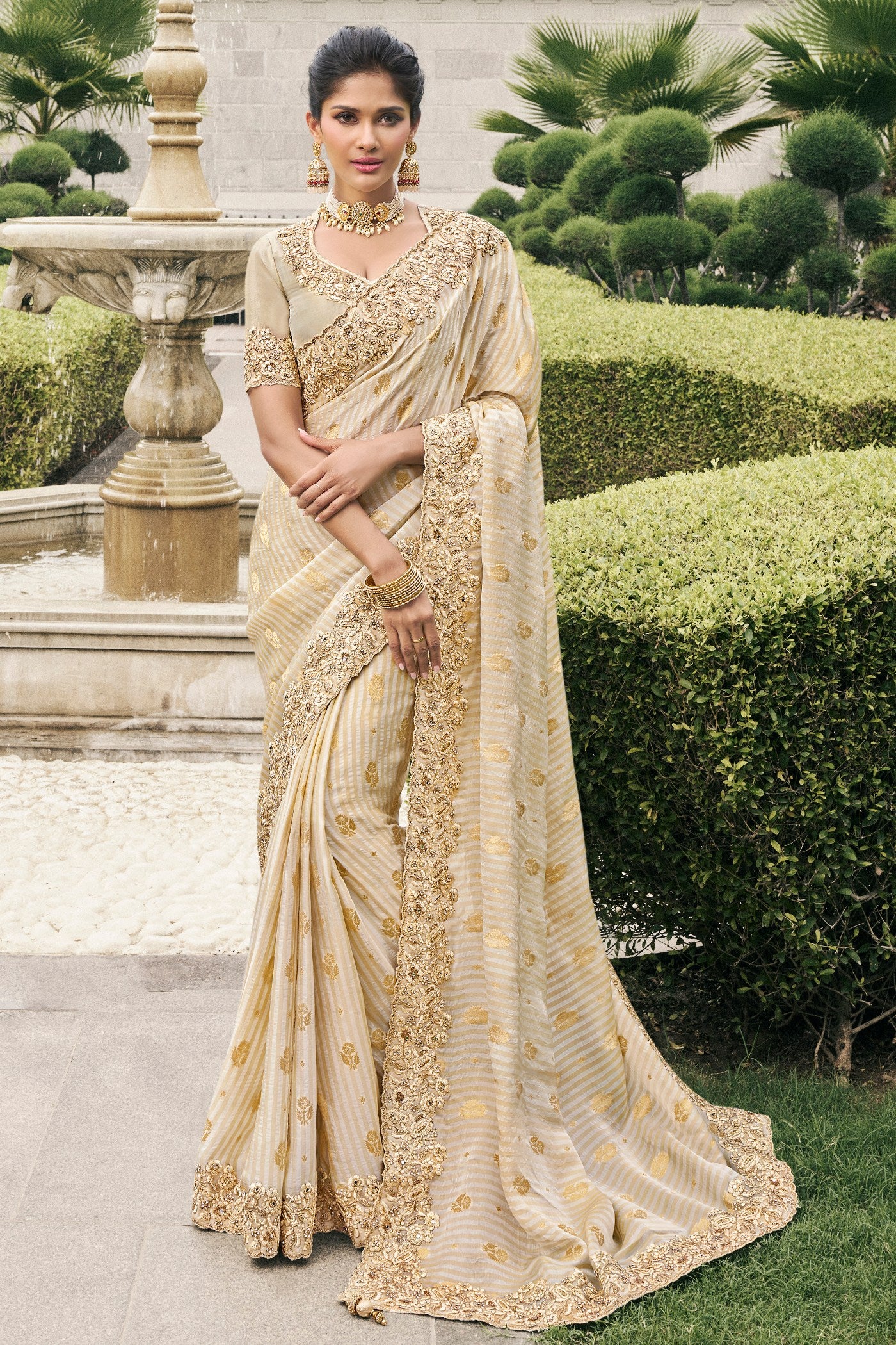 Buy MySilkLove Cameo Cream Banarasi Designer Embroidered Saree Online