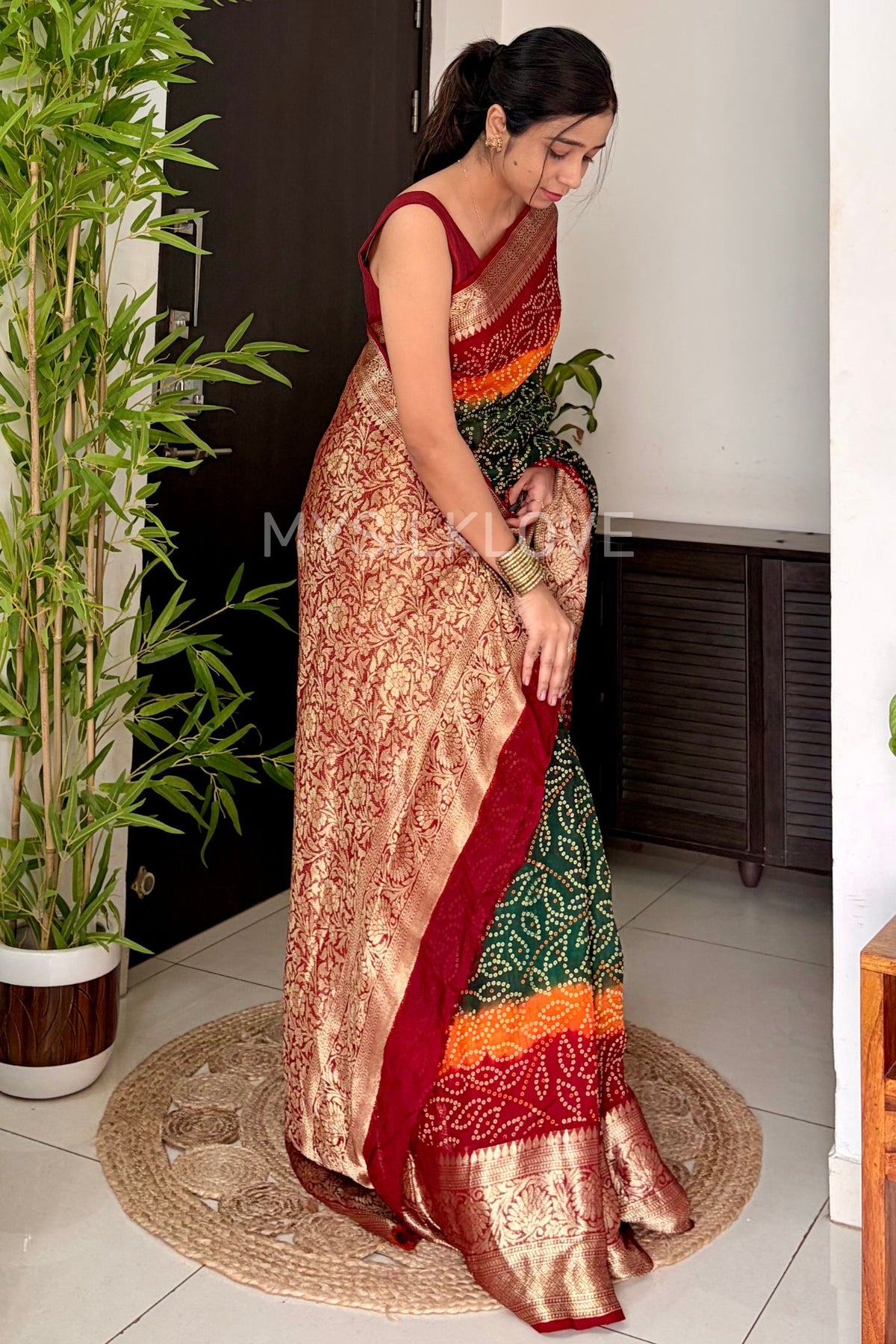 Buy MySilkLove Forest Green and Red Bandhani Zari Woven Silk Saree Online