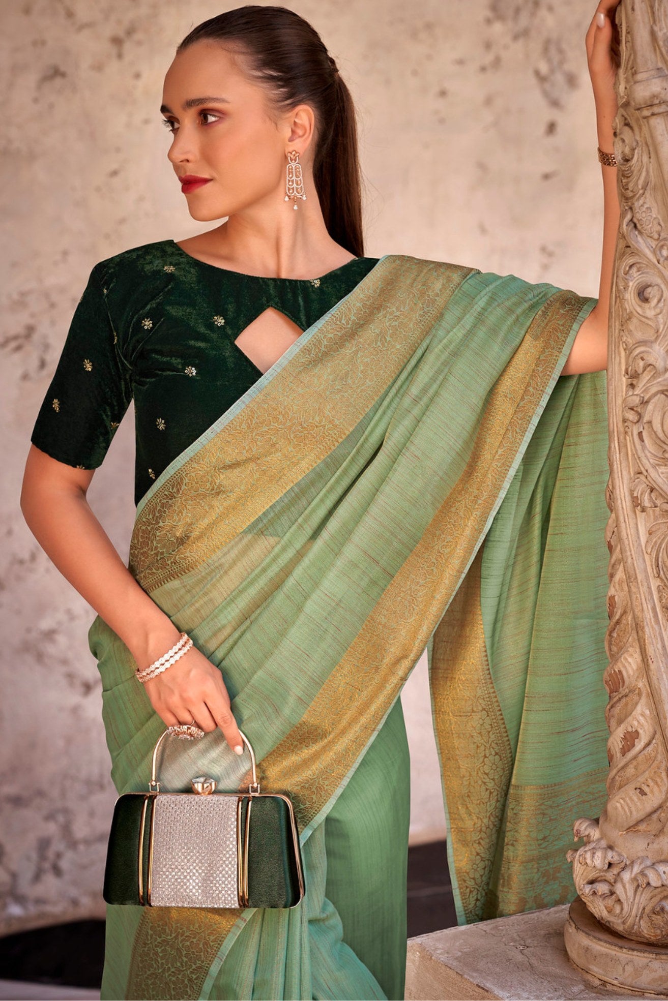 Buy MySilkLove Axolotl Green Zari Woven Linen Saree Online