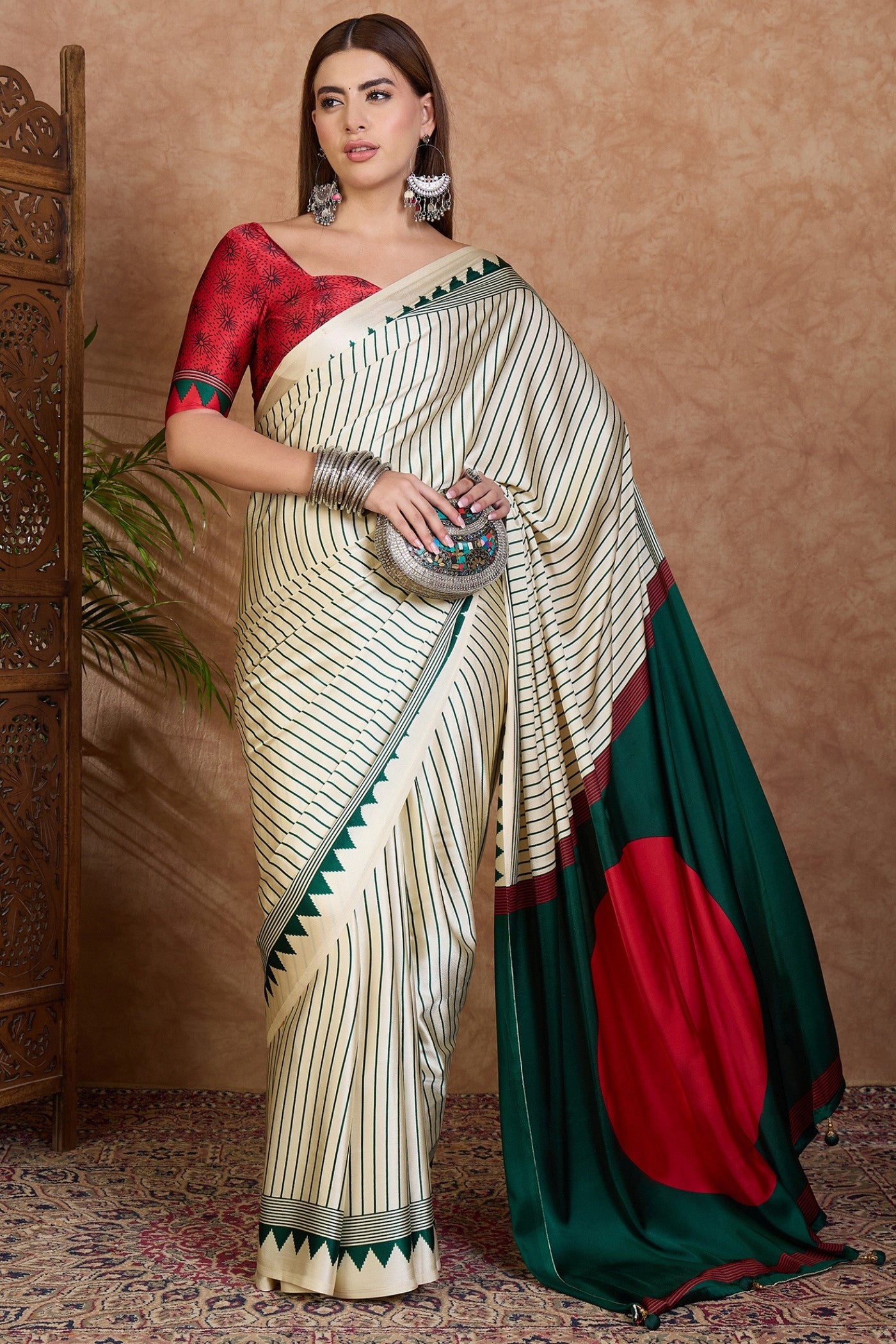 Buy MySilkLove Powder White and Green Stripe Ajrakh Printed Satin Crepe Silk Saree Online