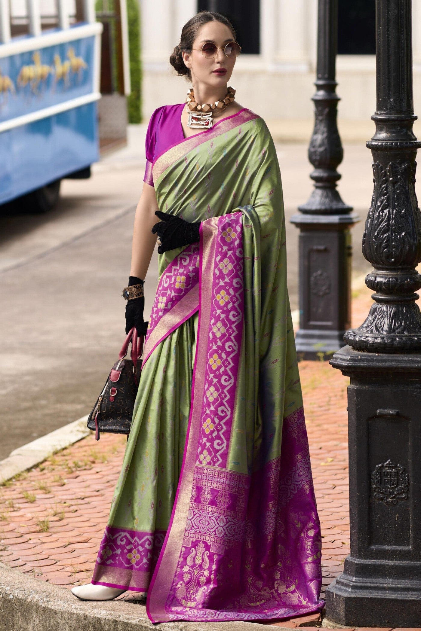 Buy MySilkLove Avocado Green Woven Banarasi Soft Silk Saree Online