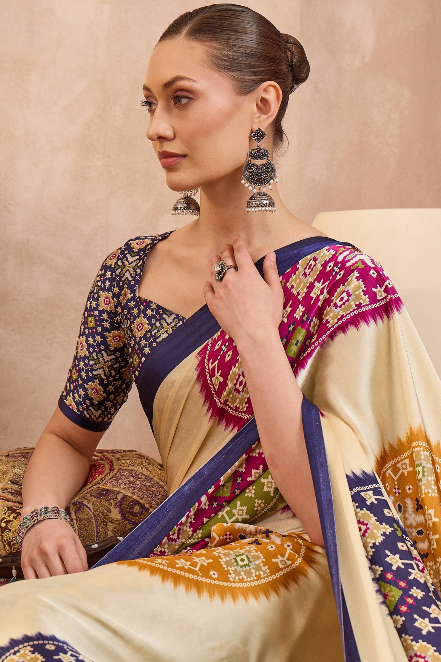MySilkLove Apricot Cream and Blue Modal Ajrakh Printed Silk Saree