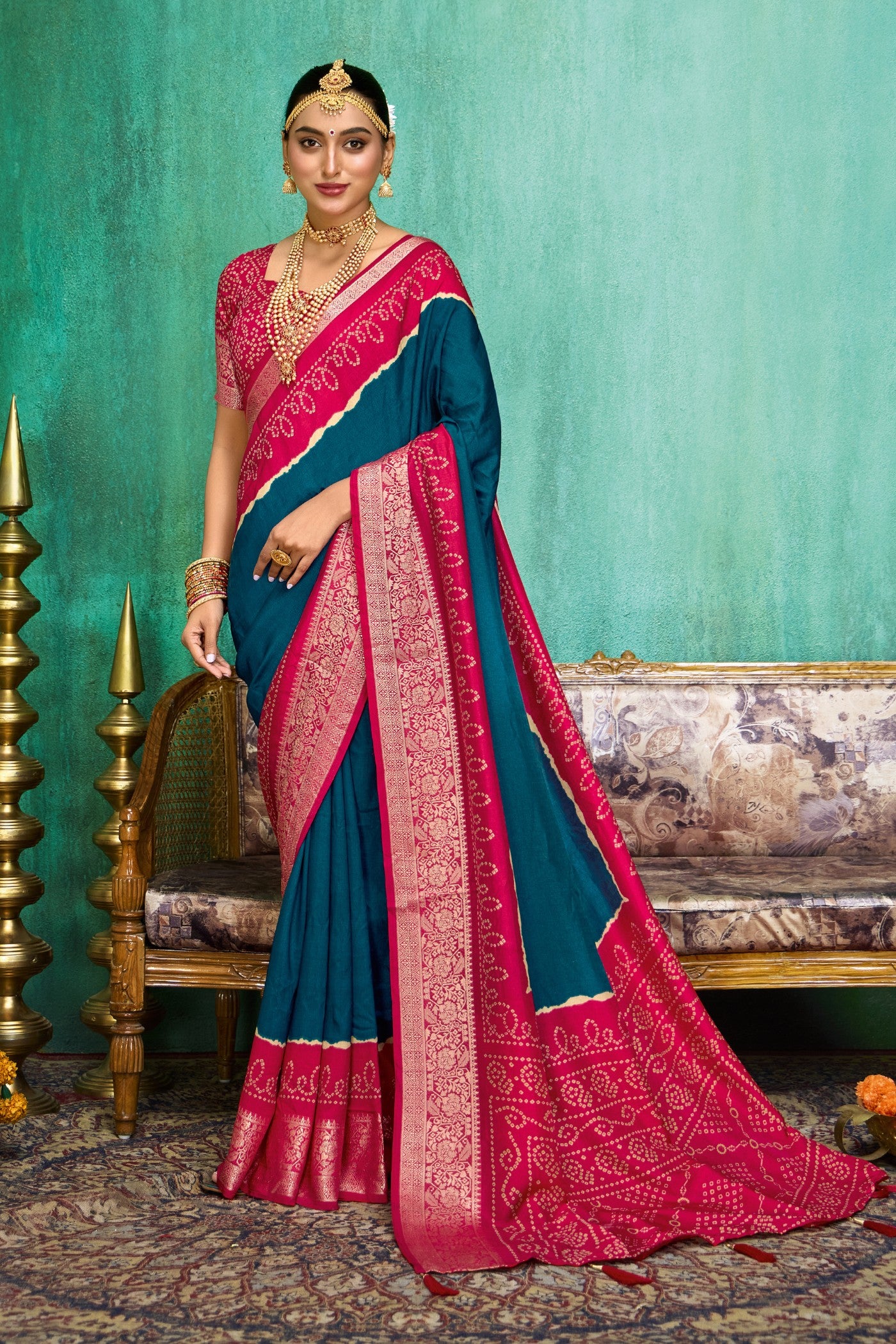 Buy MySilkLove Savoy Blue Tussar Bandhani Silk Saree Online