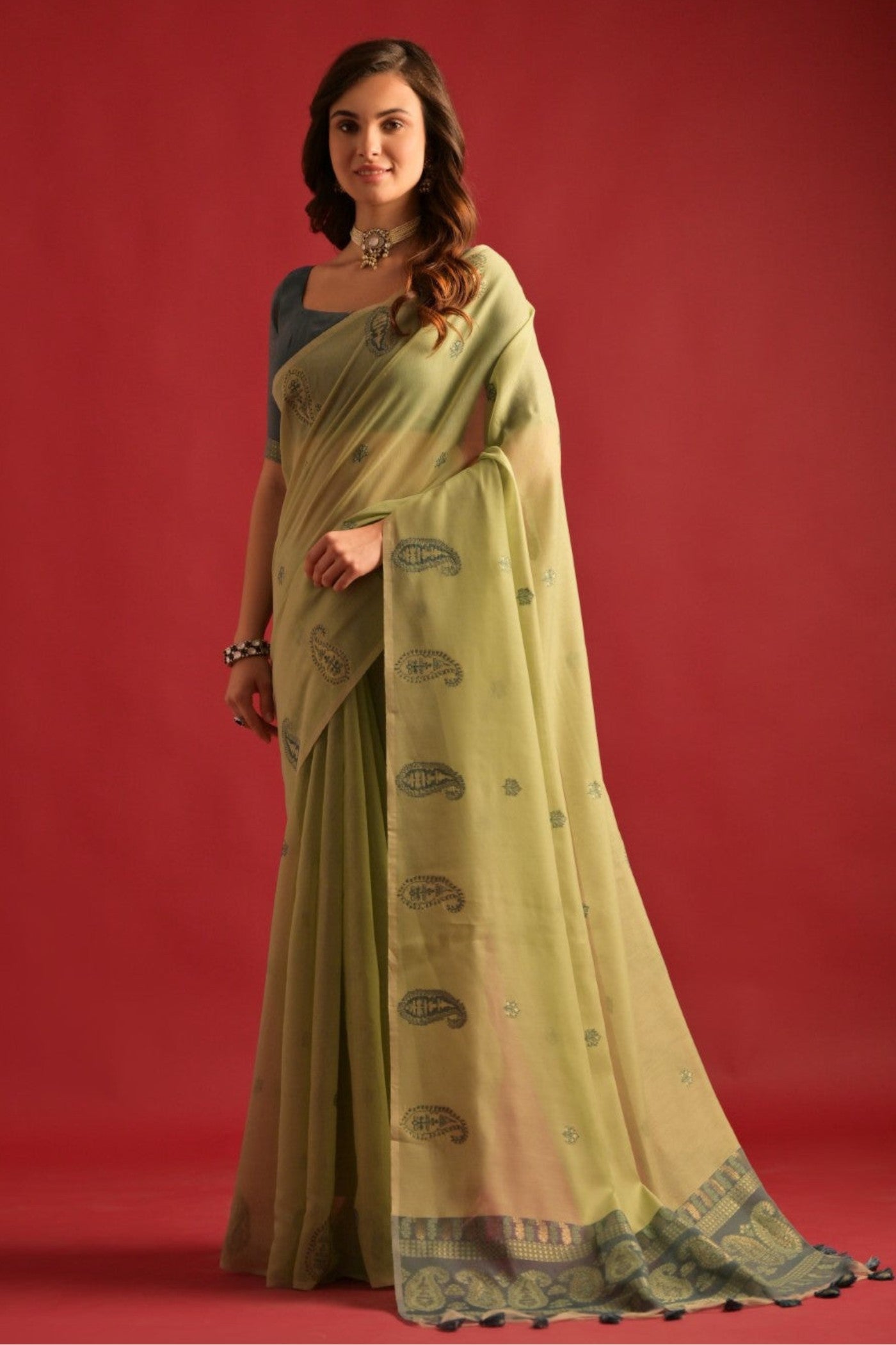 Buy MySilkLove Pista Green Woven Mul Cotton Saree Online