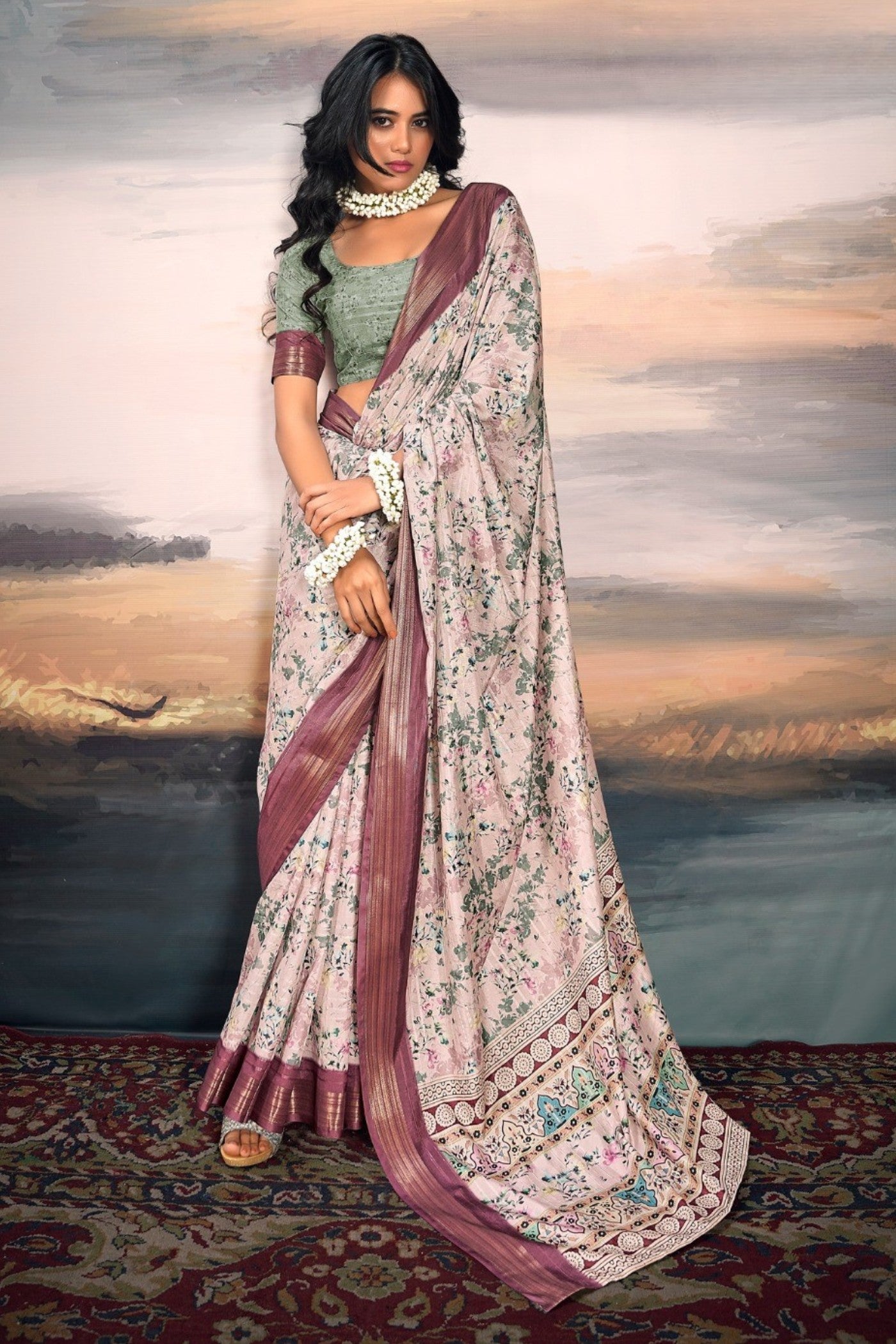 Buy MySilkLove Clam Shell White and Green Digital Printed Cotton Saree Online