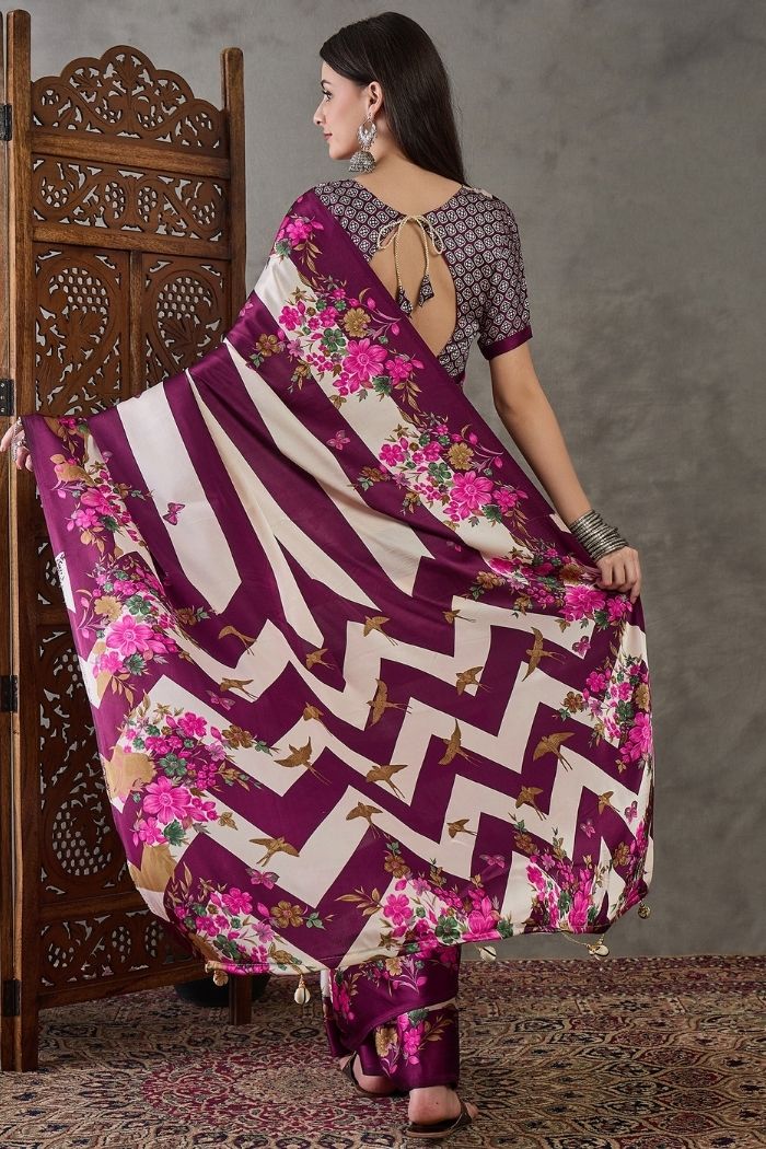 Buy MySilkLove Cosmic Purple Stripe Printed Floral Satin Gaji Silk Saree Online