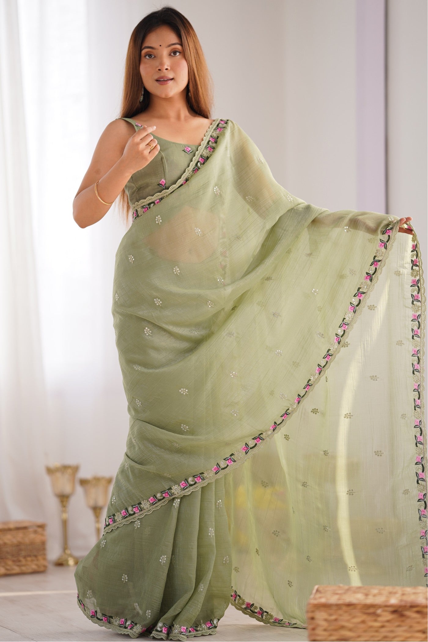 Buy MySilkLove Pista Green Designer Partywear Saree Online