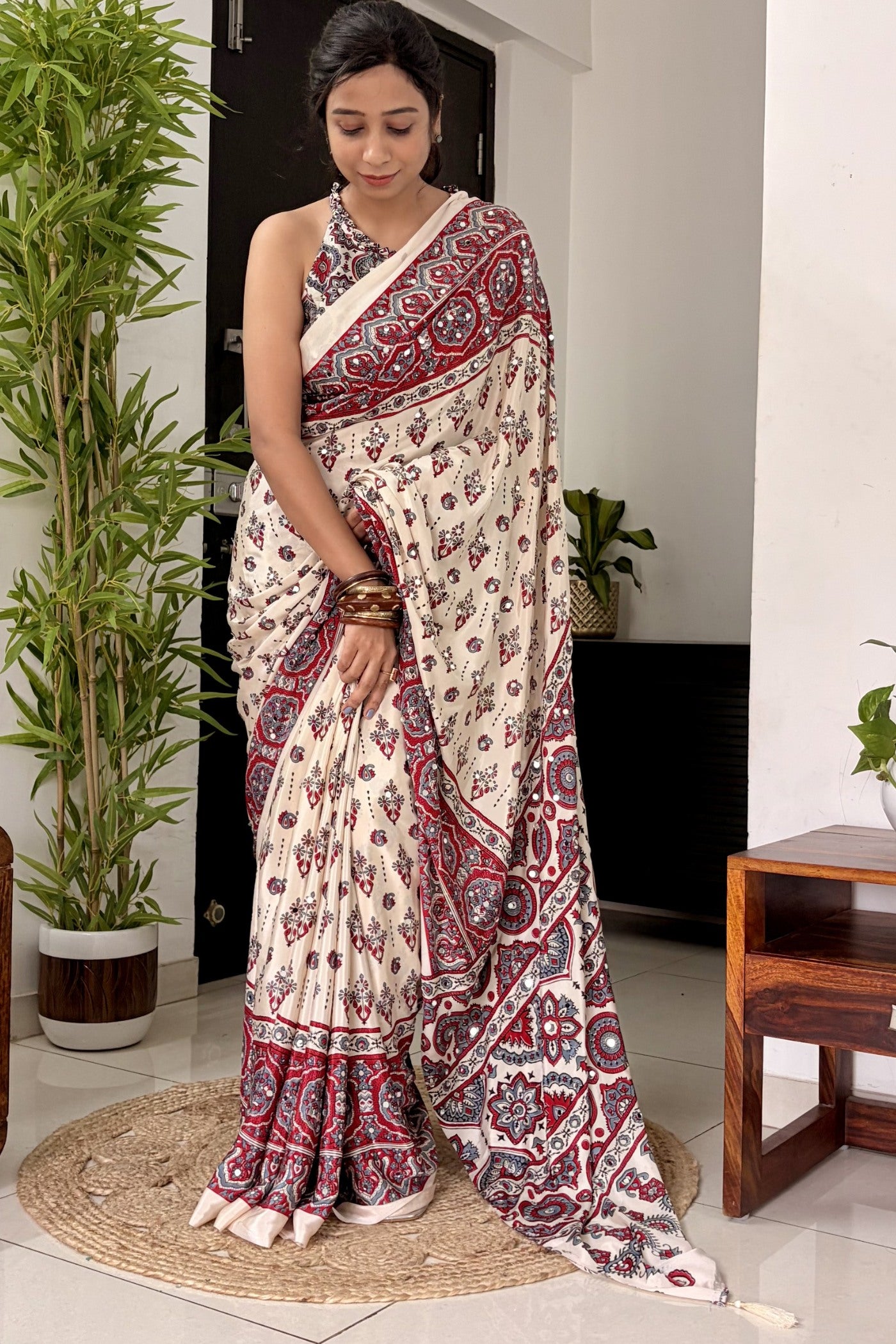 Buy MySilkLove Neutral Beige Modal Ajrakh Satin Printed Mirror Work Saree Online