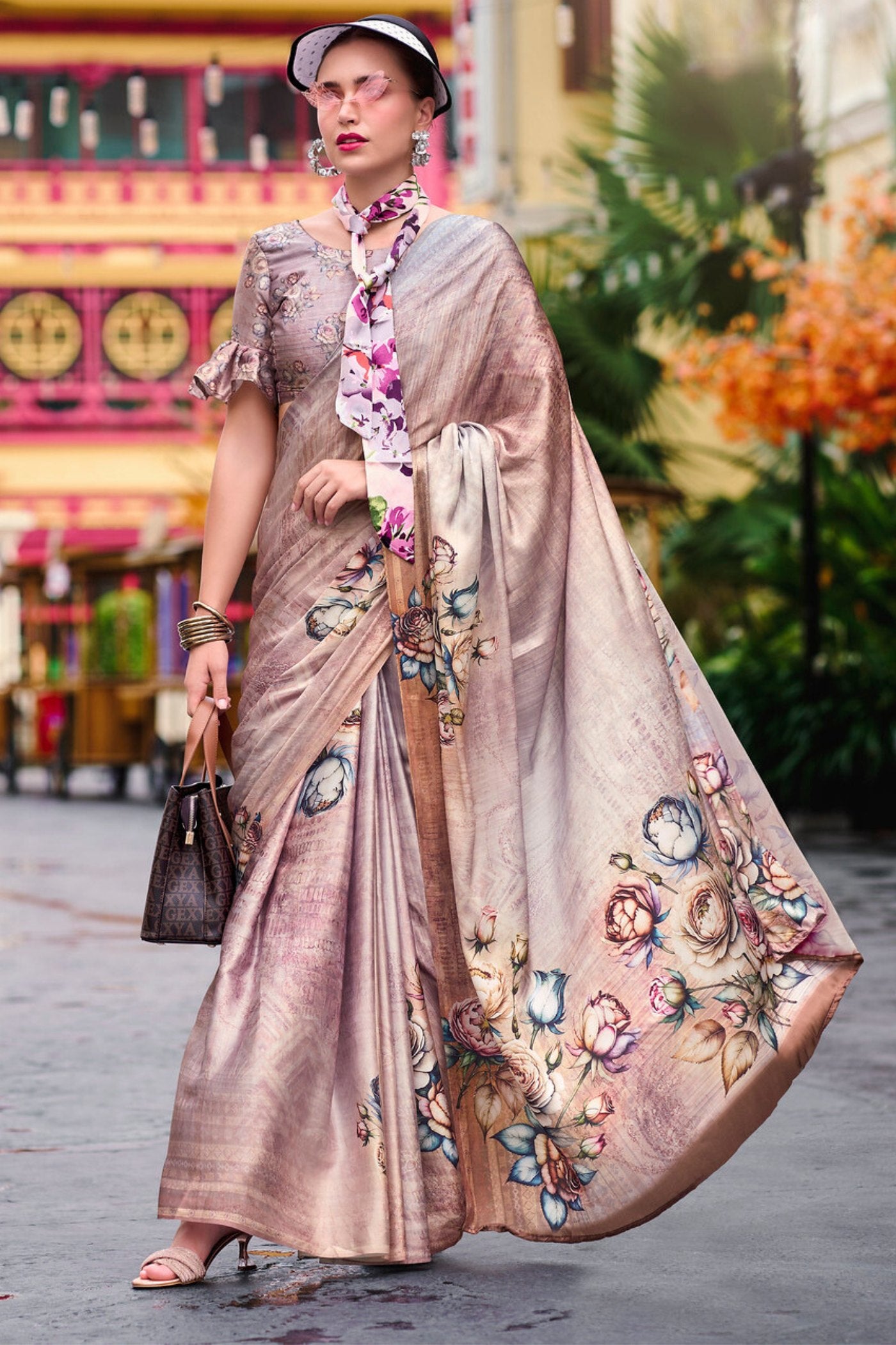 Buy MySilkLove Quicksand Brown Printed Satin Crepe Silk Saree Online