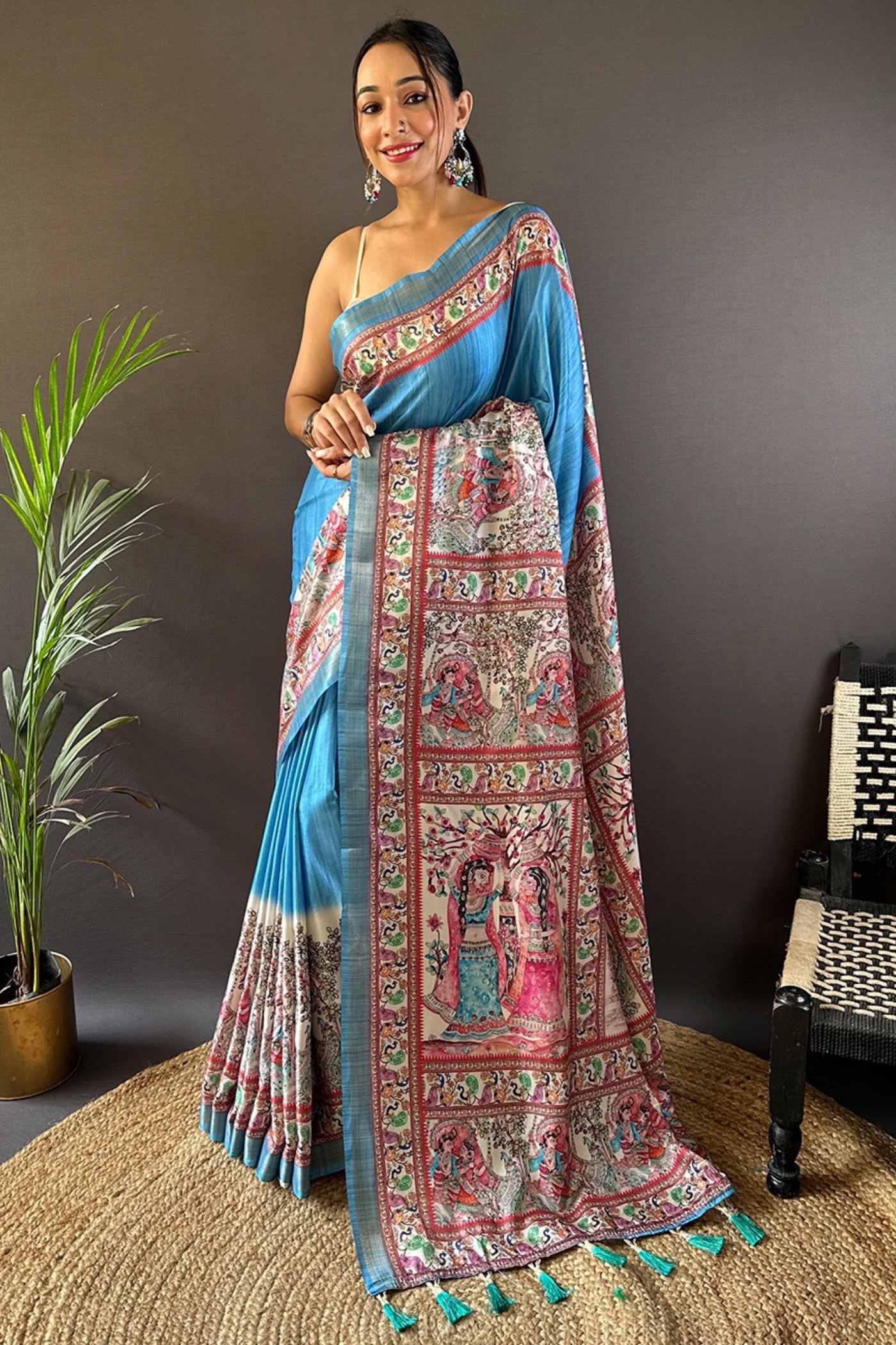 Buy MySilkLove Picton Blue Madhubani Printed Tussar Silk Saree Online