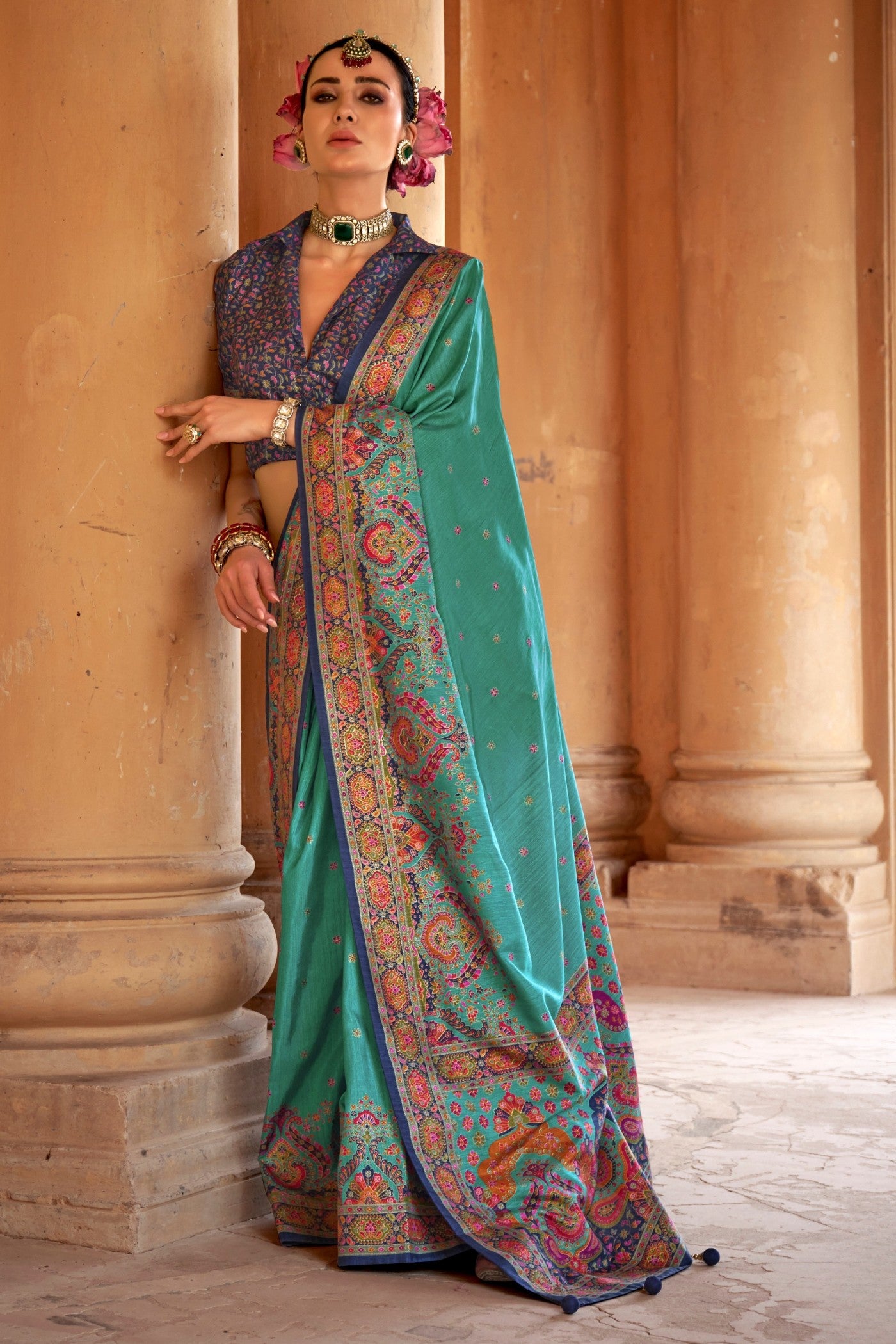 Buy MySilkLove Turquoise Green Printed Banarasi Saree Online