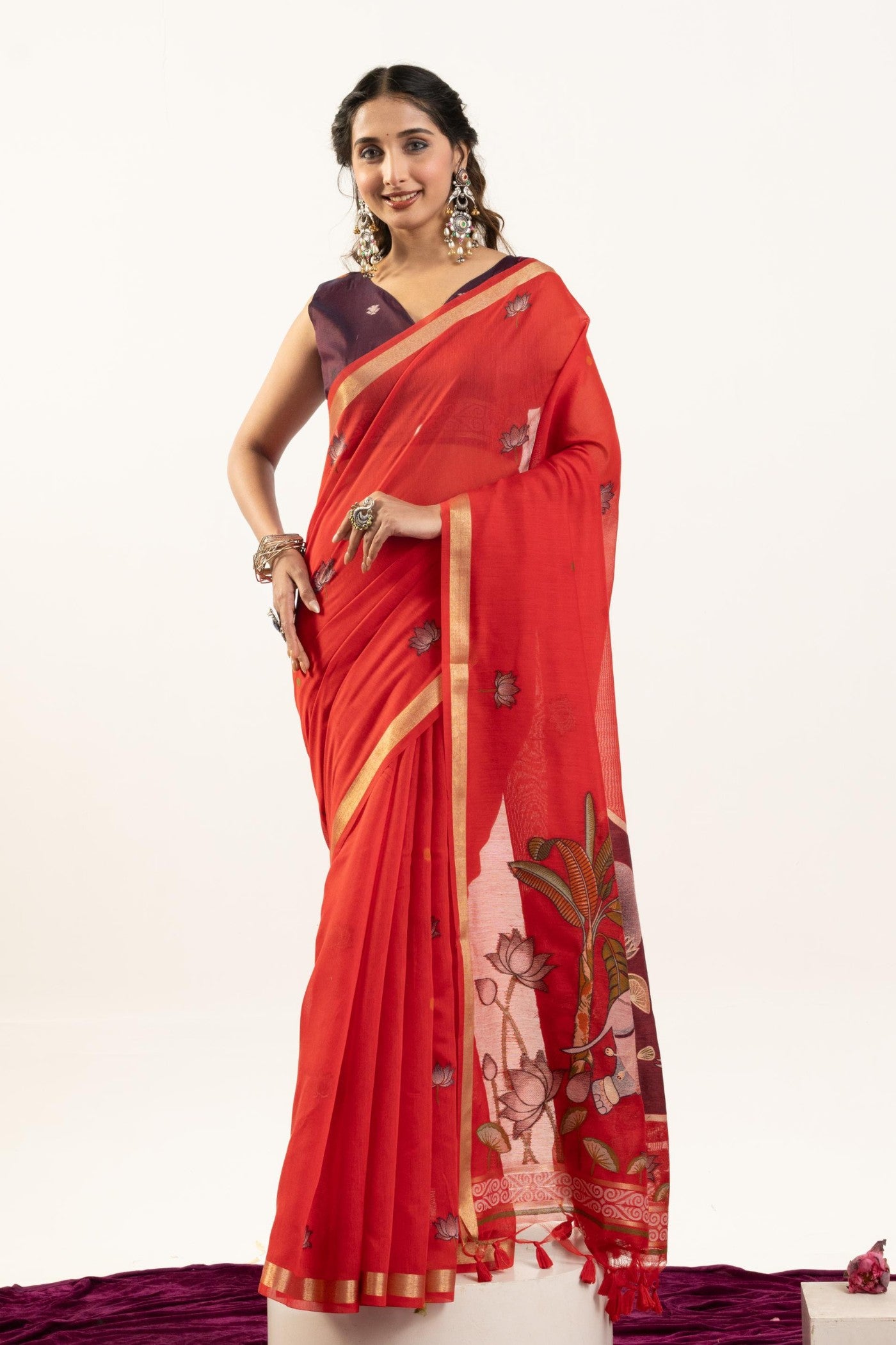 Buy MySilkLove Vermilion Glow Red Woven Soft Muga Cotton Saree Online