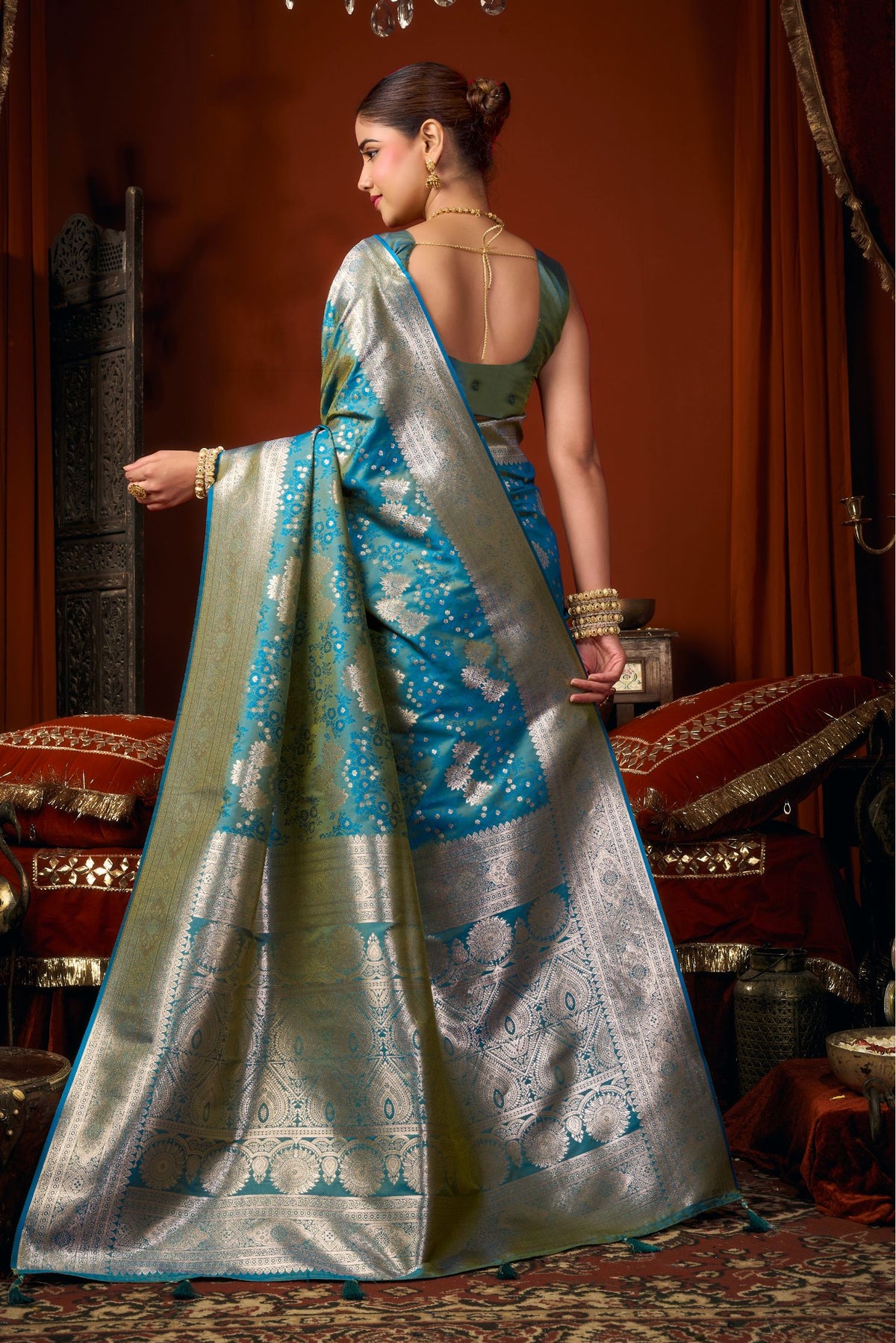 Buy MySilkLove Yale Blue Woven Banarasi Jacquard Soft Silk Saree Online