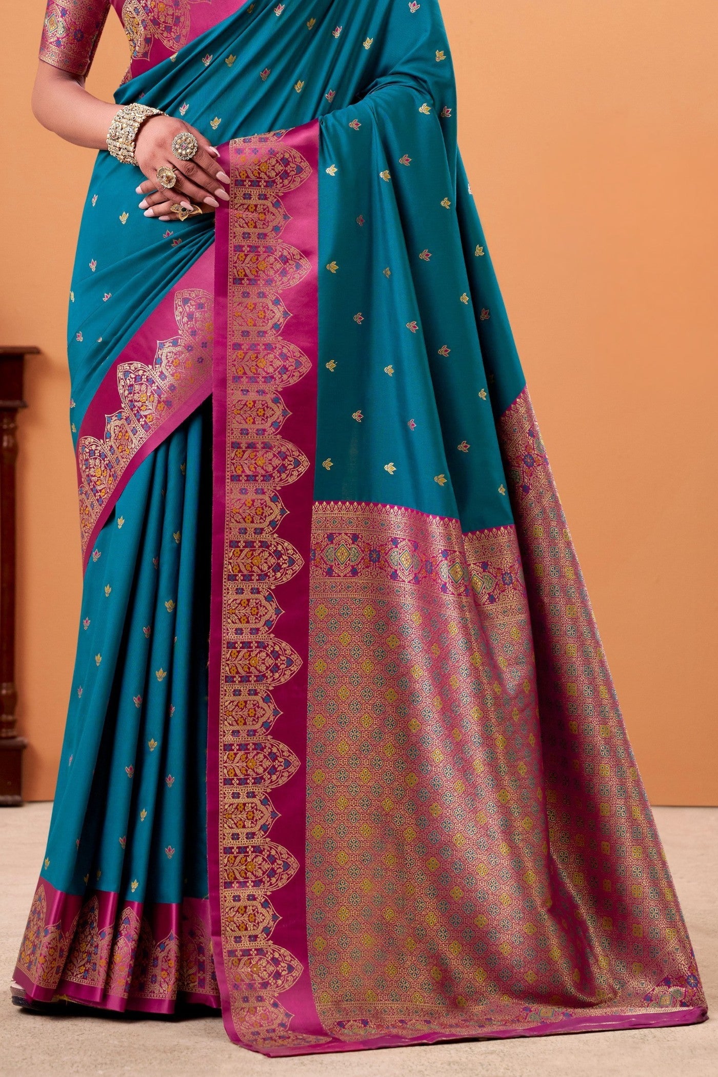 Buy MySilkLove Peacock Blue Woven Satin Soft Silk Saree Online