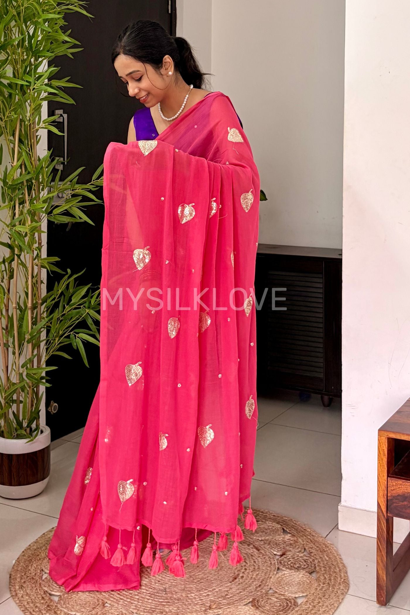 Buy MySilkLove Charm Pink Pure Mul Mul Cotton Leaf Sequin Work Saree Online