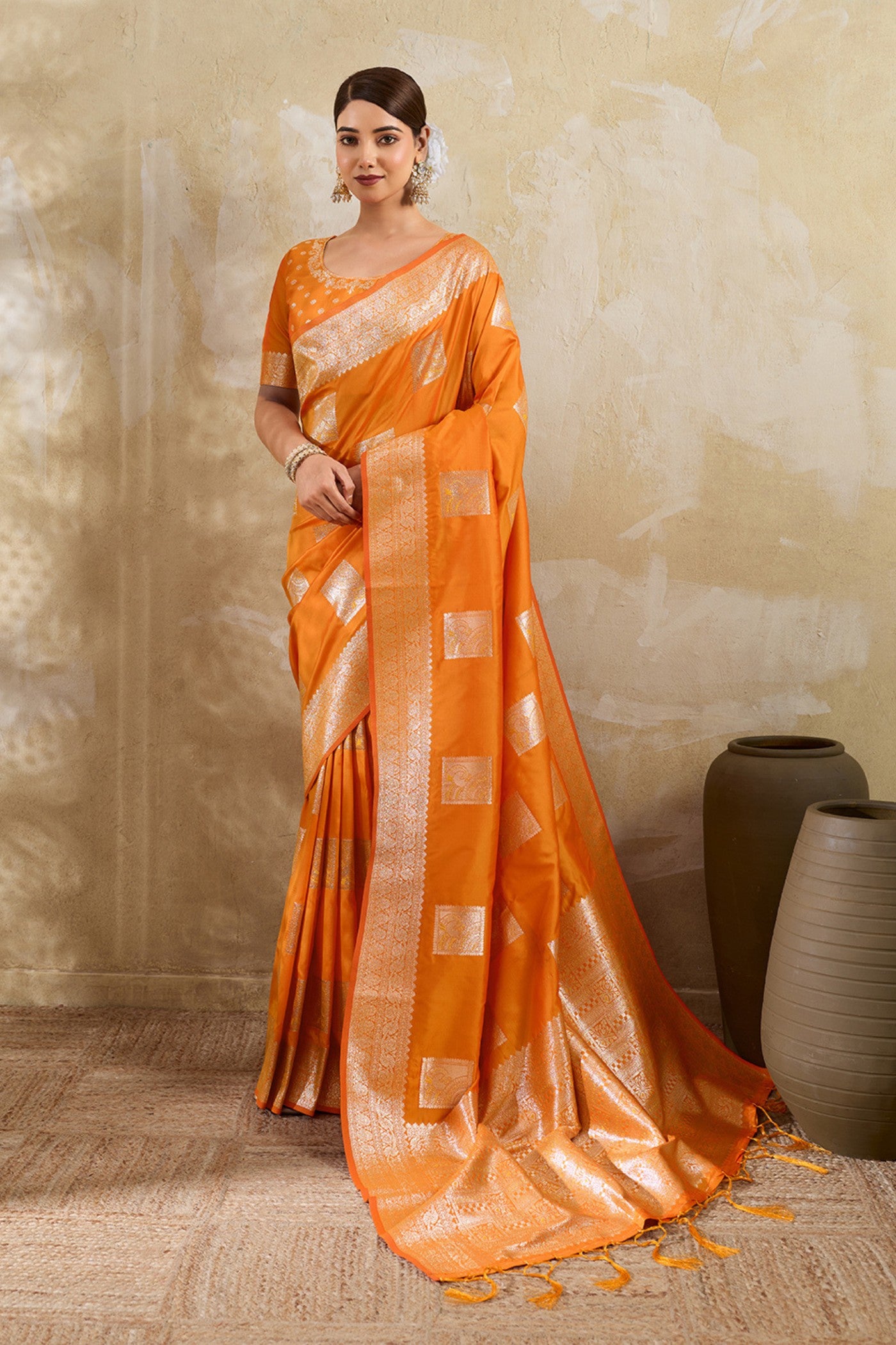 Buy MySilkLove Tomato Orange Woven Banarasi Soft Silk Saree Online