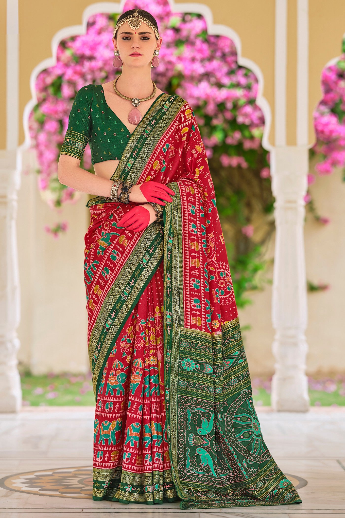 Buy MySilkLove Chilly Red and Green Printed Patola Saree Online