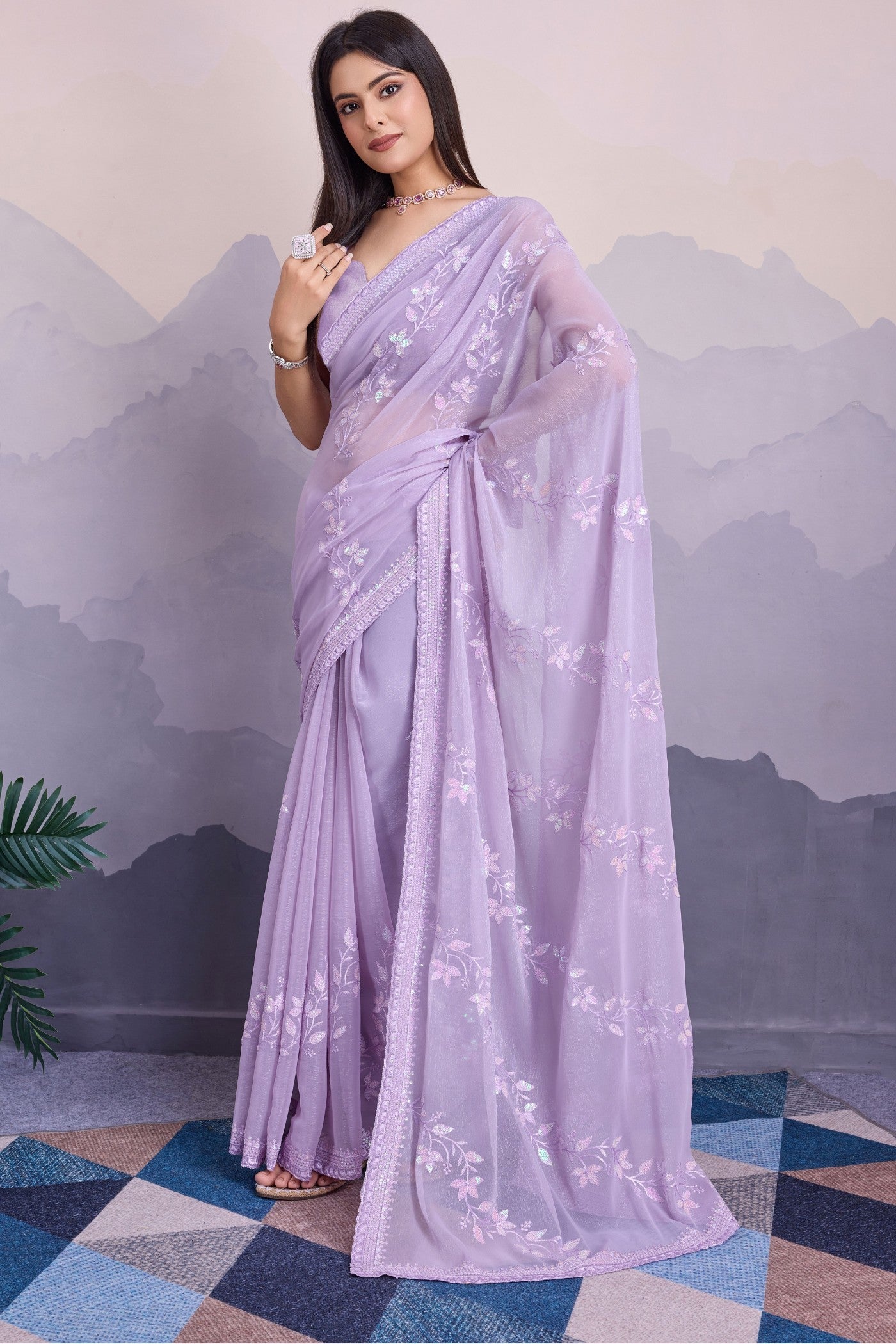 Buy MySilkLove Lavender Flower Embroidered Designer Chiffon Saree Online