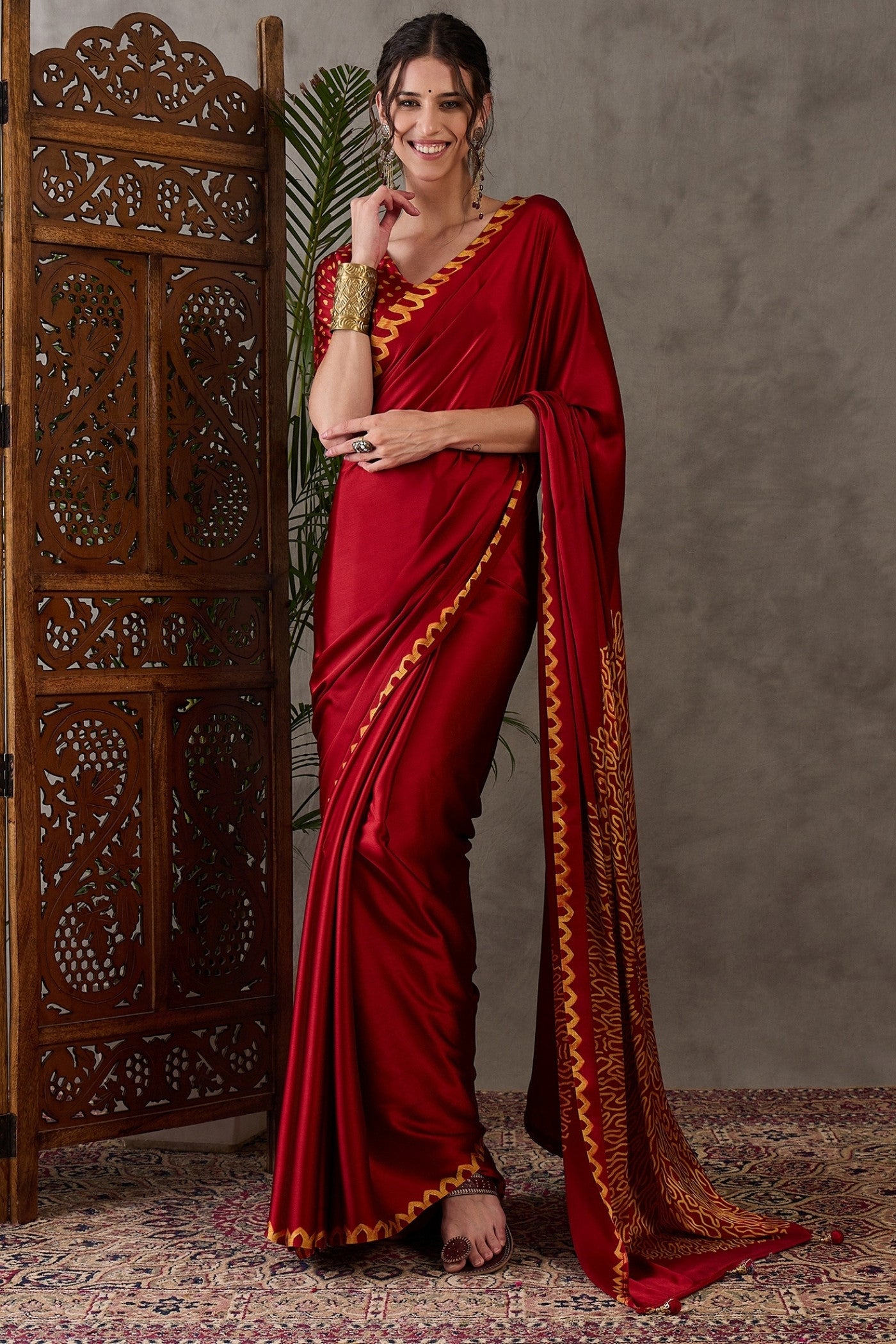 Buy MySilkLove Fire Red Printed Satin Gaji Silk Saree Online