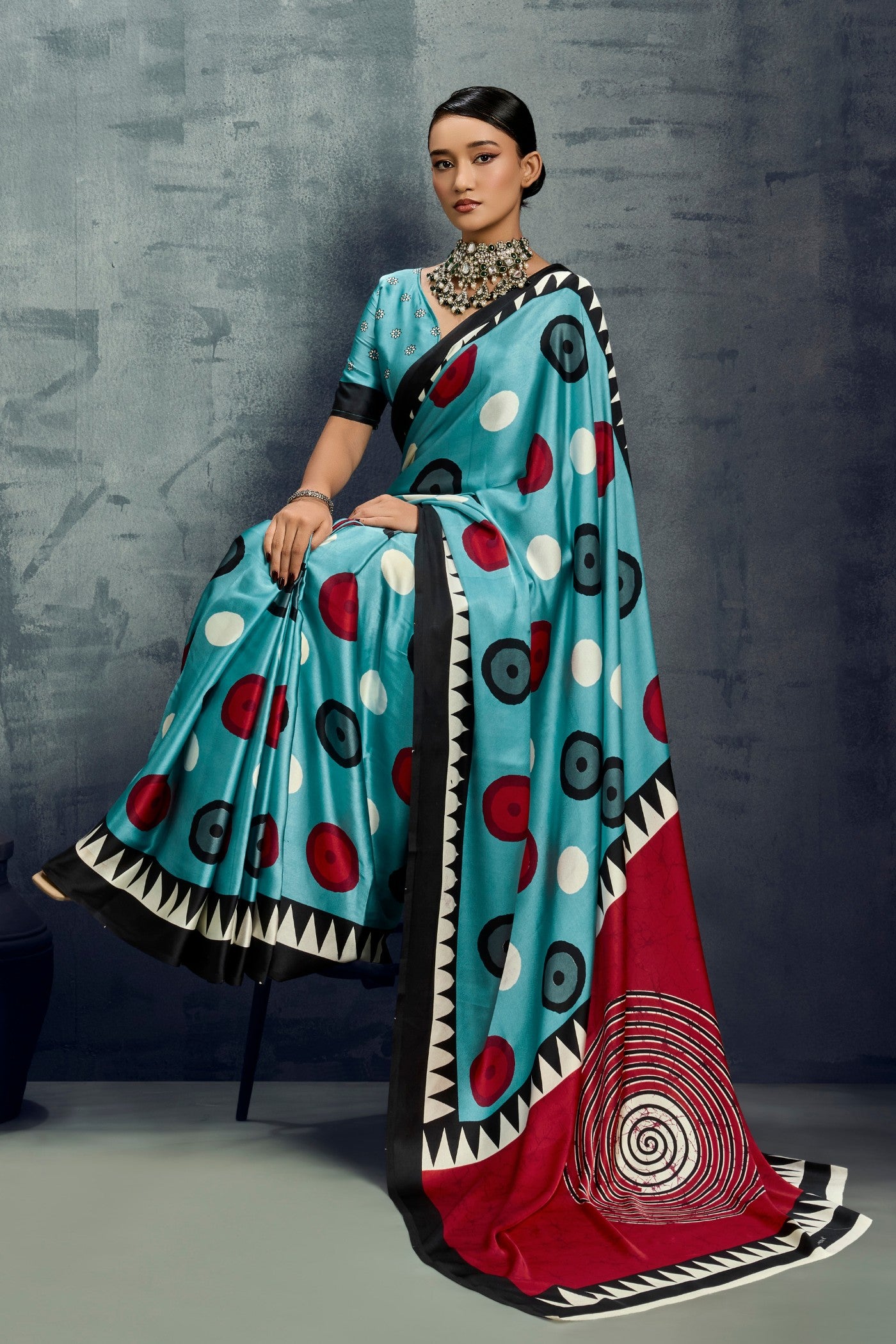 Buy MySilkLove Dusty Blue Ajrakh Printed Satin Crepe Silk Saree Online