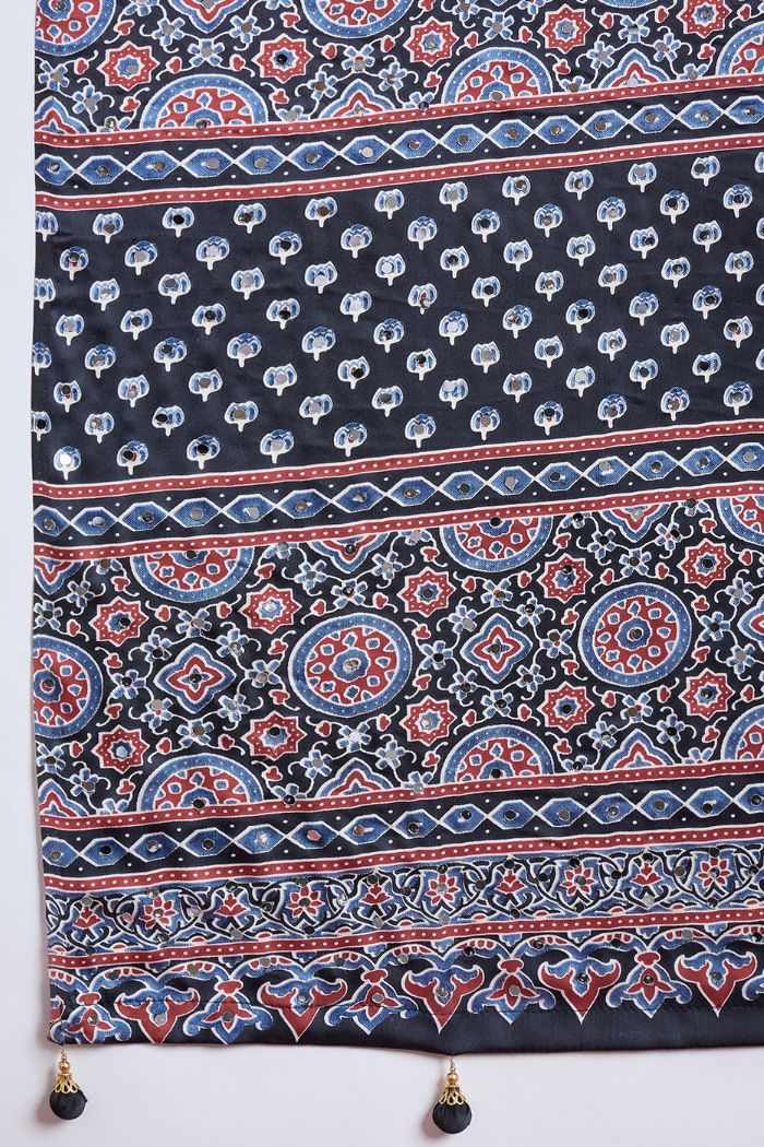 Buy MySilkLove Ebony Black Modal Ajrakh Satin Printed Mirror Work Saree Online
