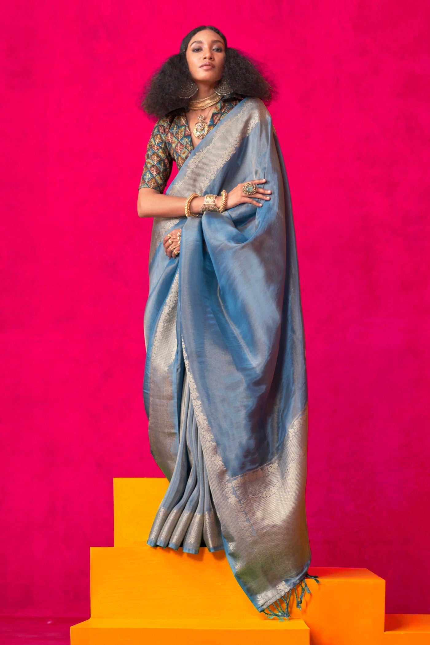 Buy MySilkLove Blue Pearl Tissue Silk Saree Online