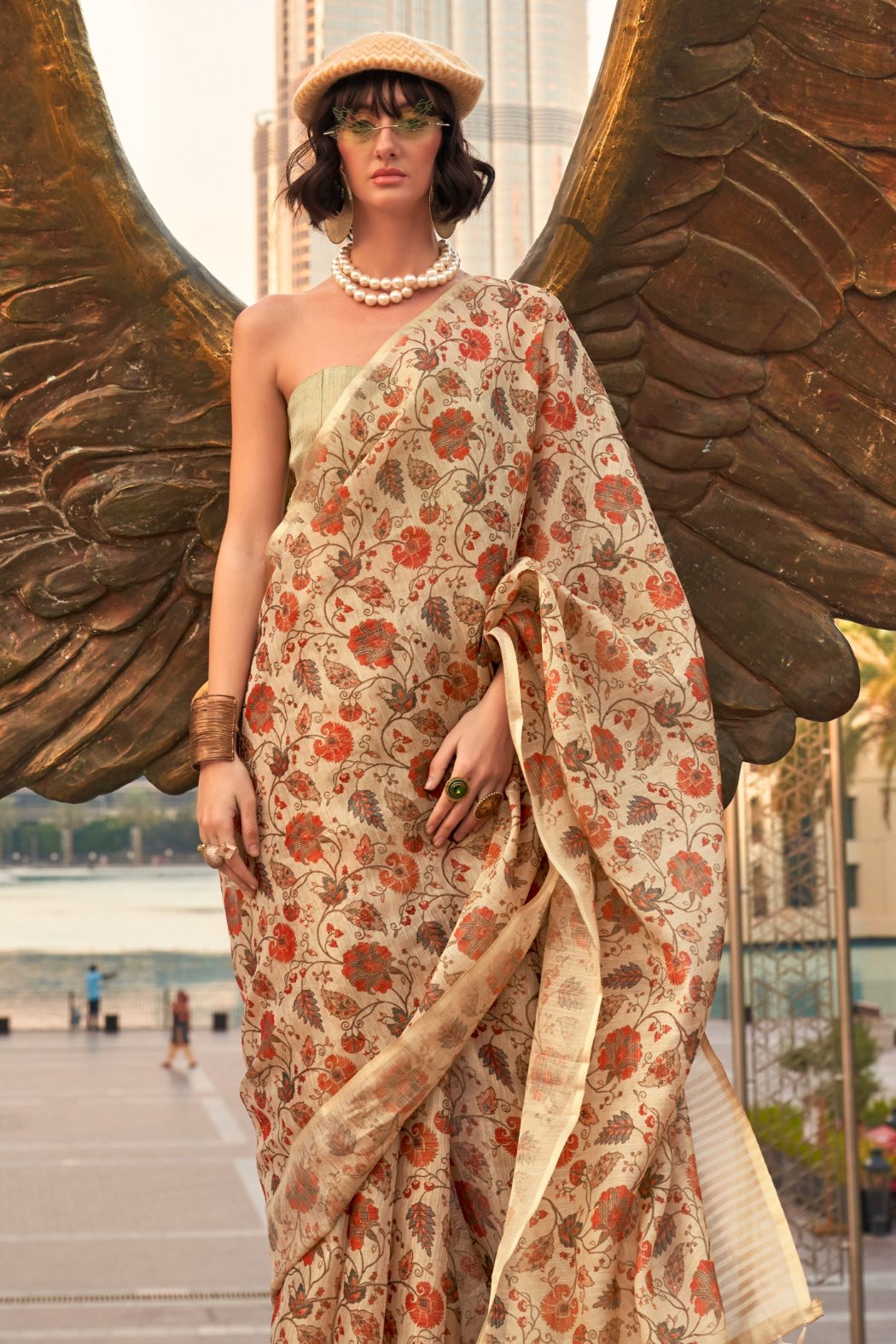 Buy MySilkLove Natural Cream and Brown Printed Tissue Saree Online