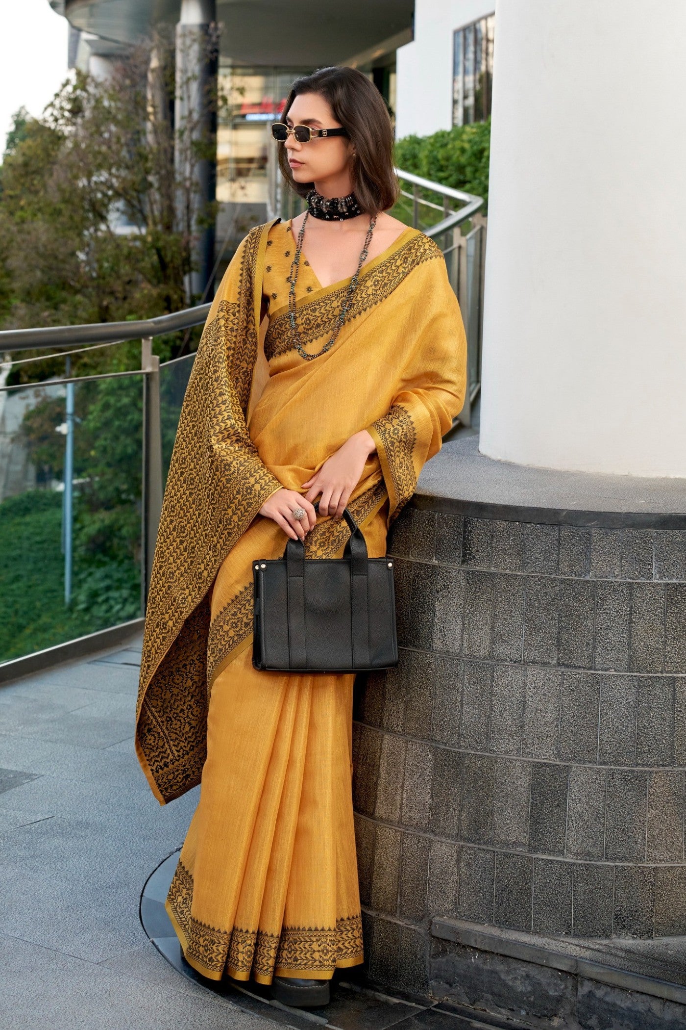 Buy MySilkLove Cadmium Yellow Linen Tissue Silk Saree Online