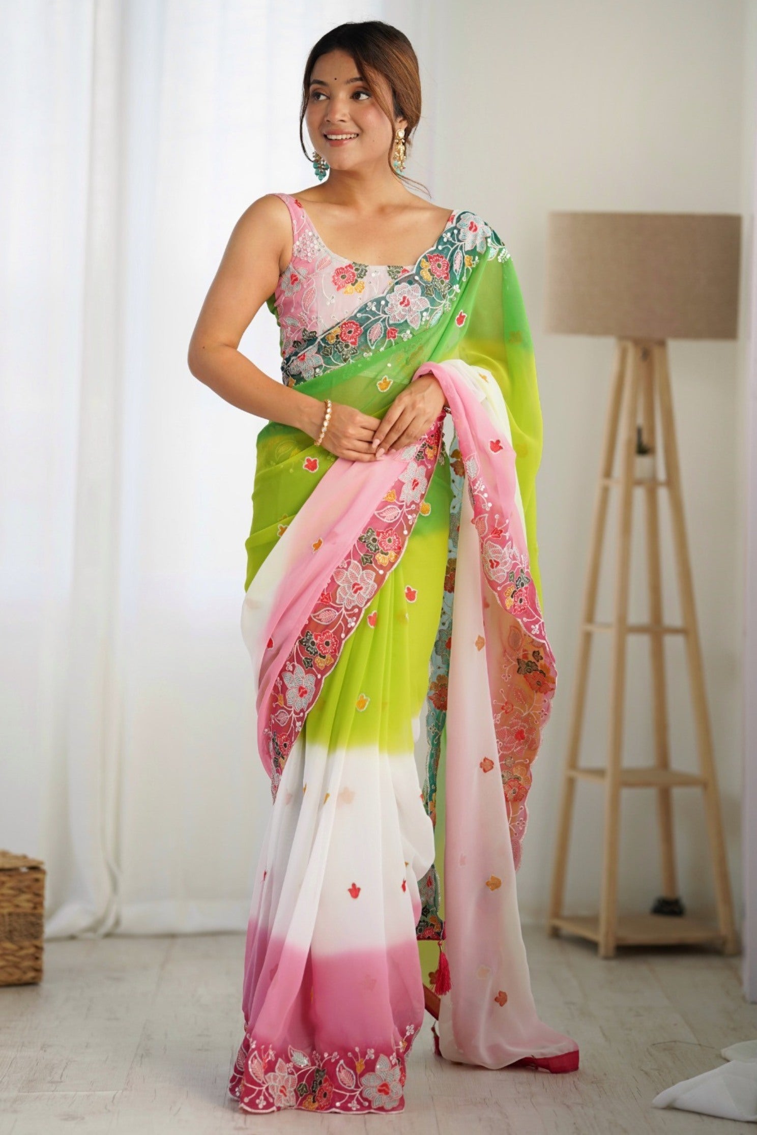 Buy MySilkLove Parrot Green and White Georgette Saree Online