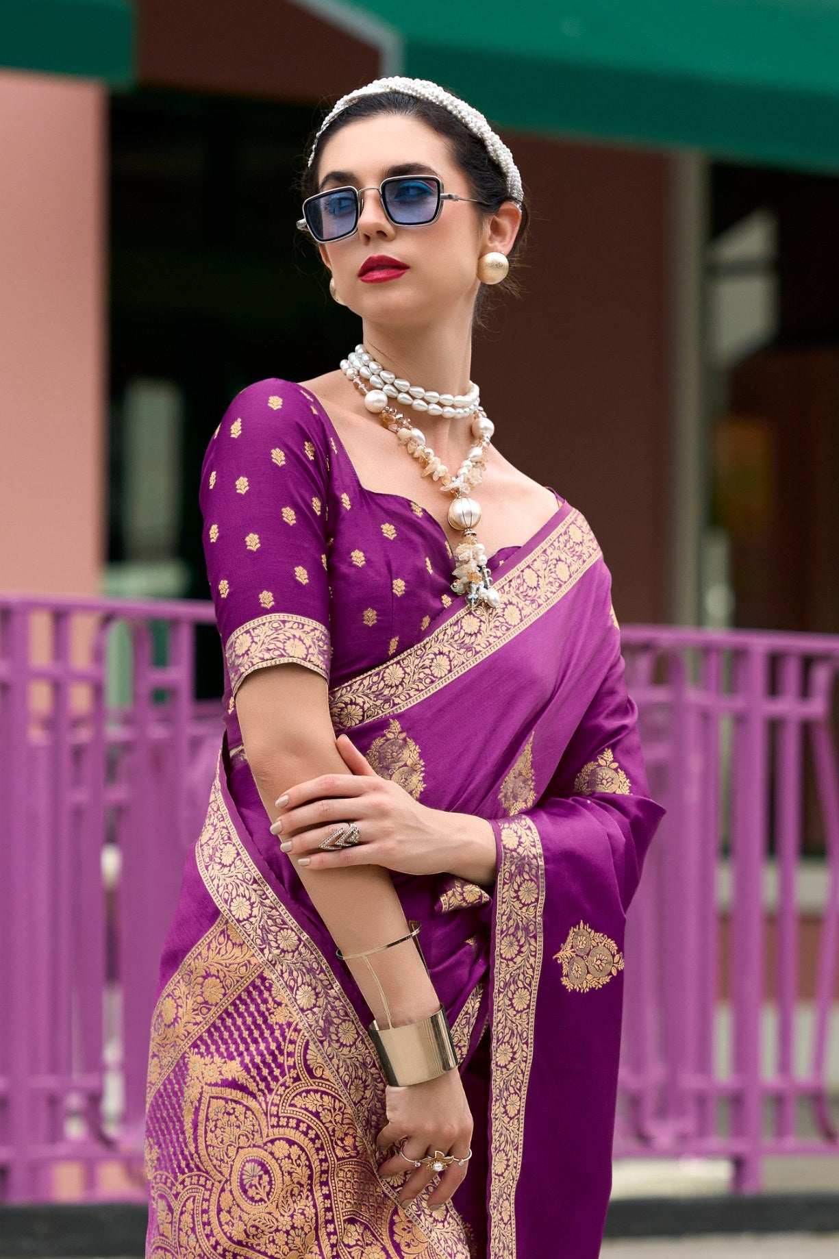 Buy MySilkLove Midnight Pearl Purple Banarasi Handloom Satin Saree Online