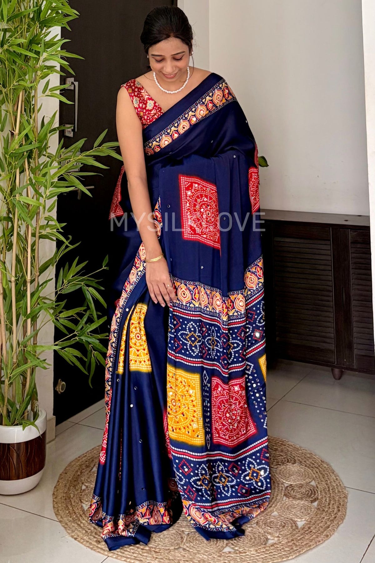 Buy MySilkLove Bluebell Blue Satin Printed Bandhani Mirror Work Saree Online