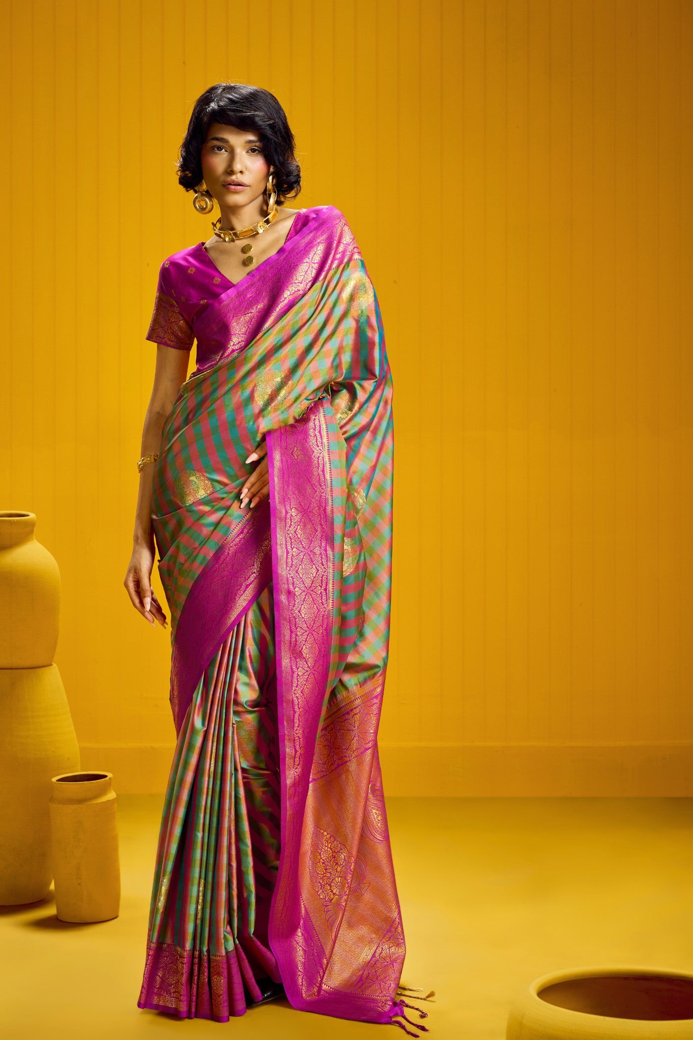 Buy MySilkLove Emerald Green Banarasi Two Tone Checks Handloom Saree Online