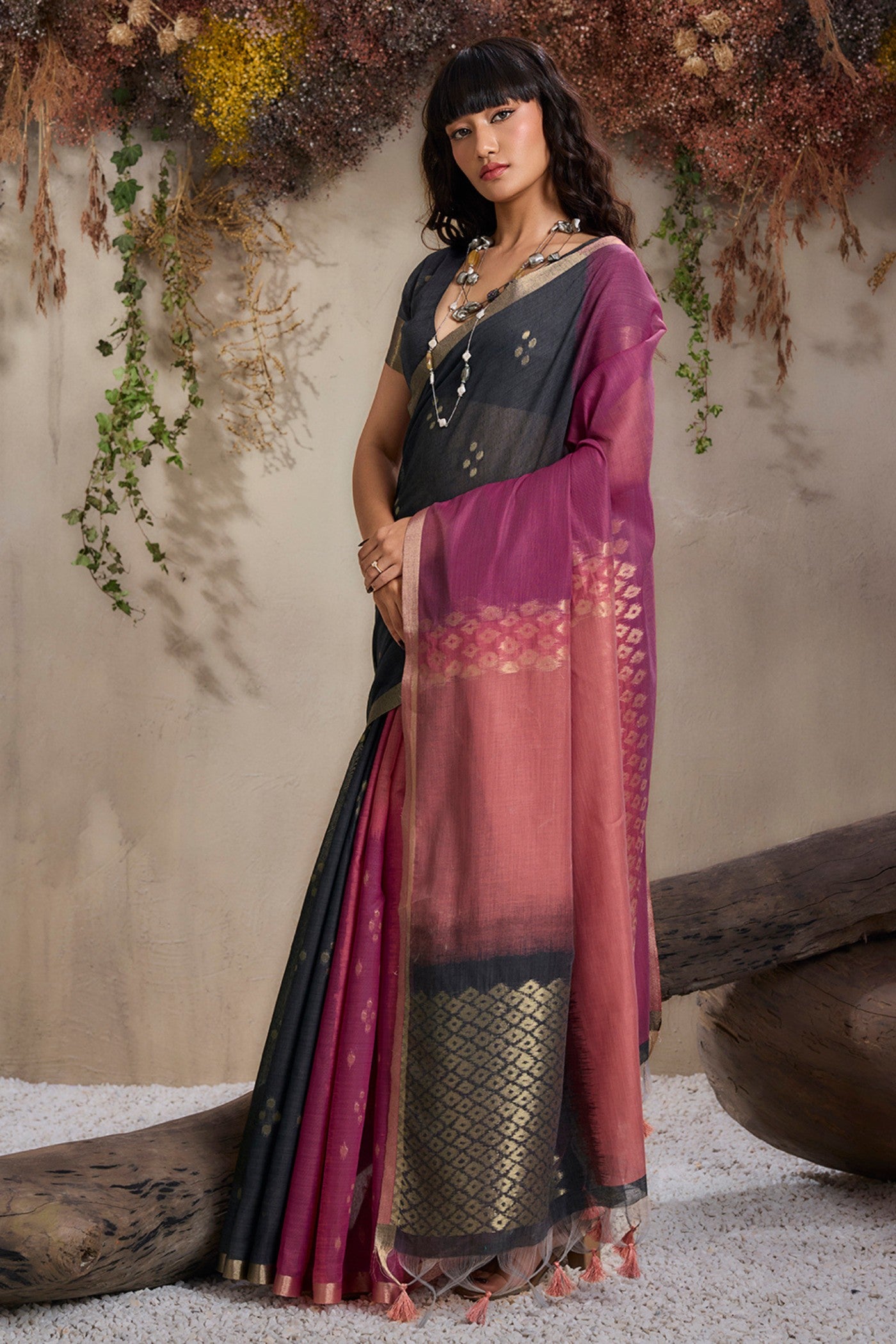 Buy MySilkLove Alchemy Black and Pink Handloom Cotton Saree Online