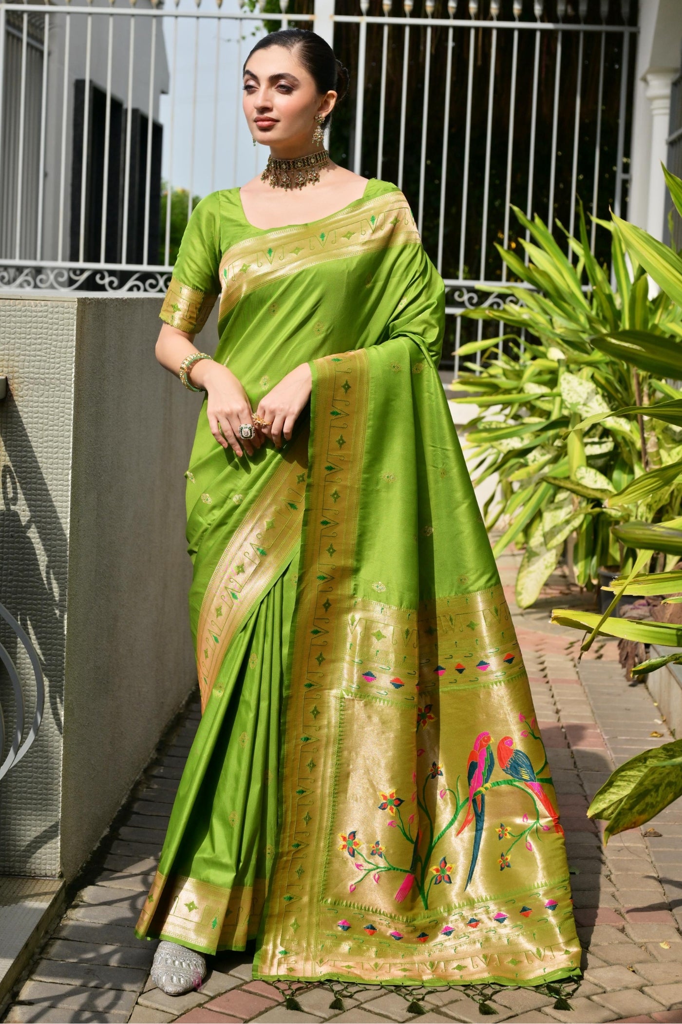 Buy MySilkLove Gladiolus Green Woven Paithani Saree Online