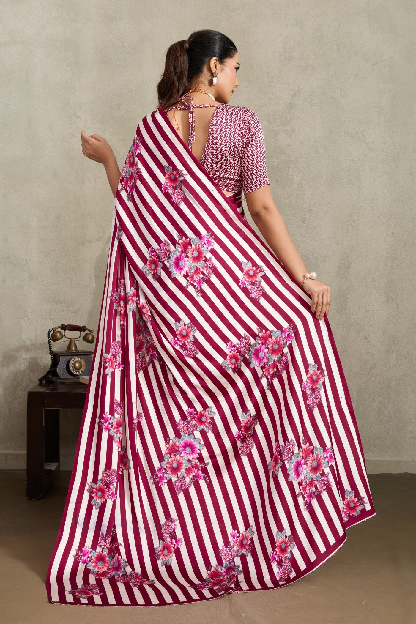 Buy MySilkLove Bright Pink Ajrakh Printed Satin Crepe Silk Saree Online