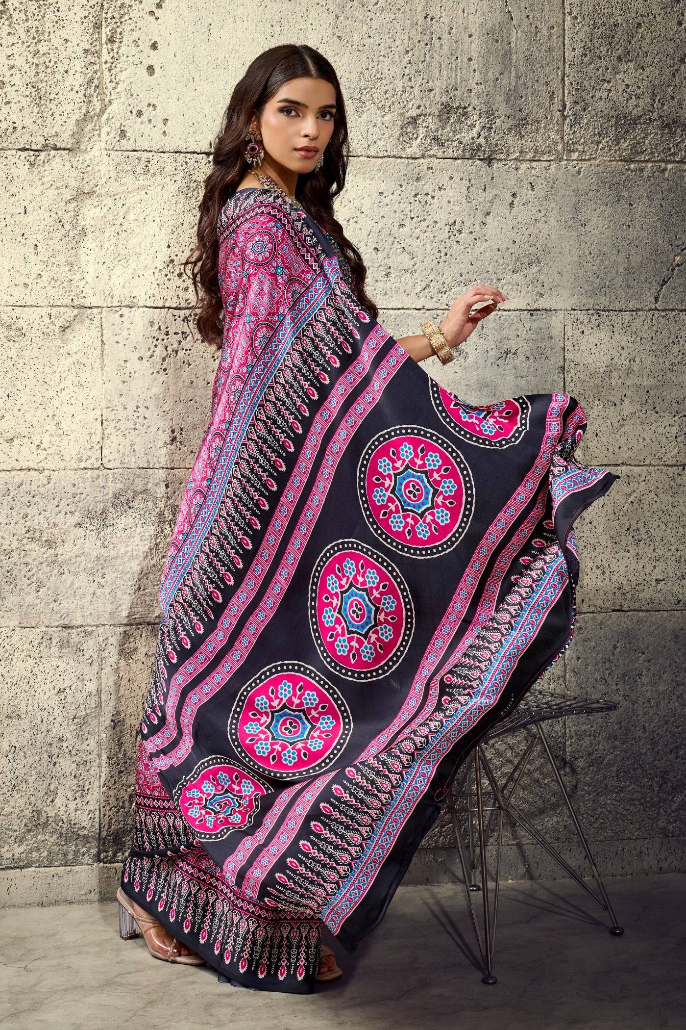 Buy MySilkLove Magenta Pink Modal Ajrakh Satin Printed Silk Saree Online