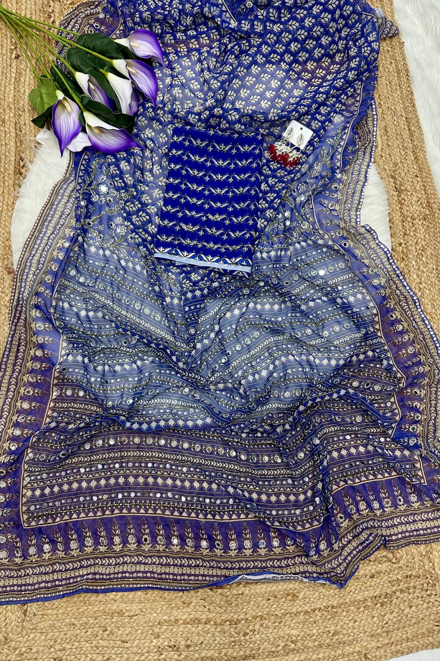 Buy MySilkLove Calypso Blue Ajrakh Georgette Printed Mirror Work Saree Online