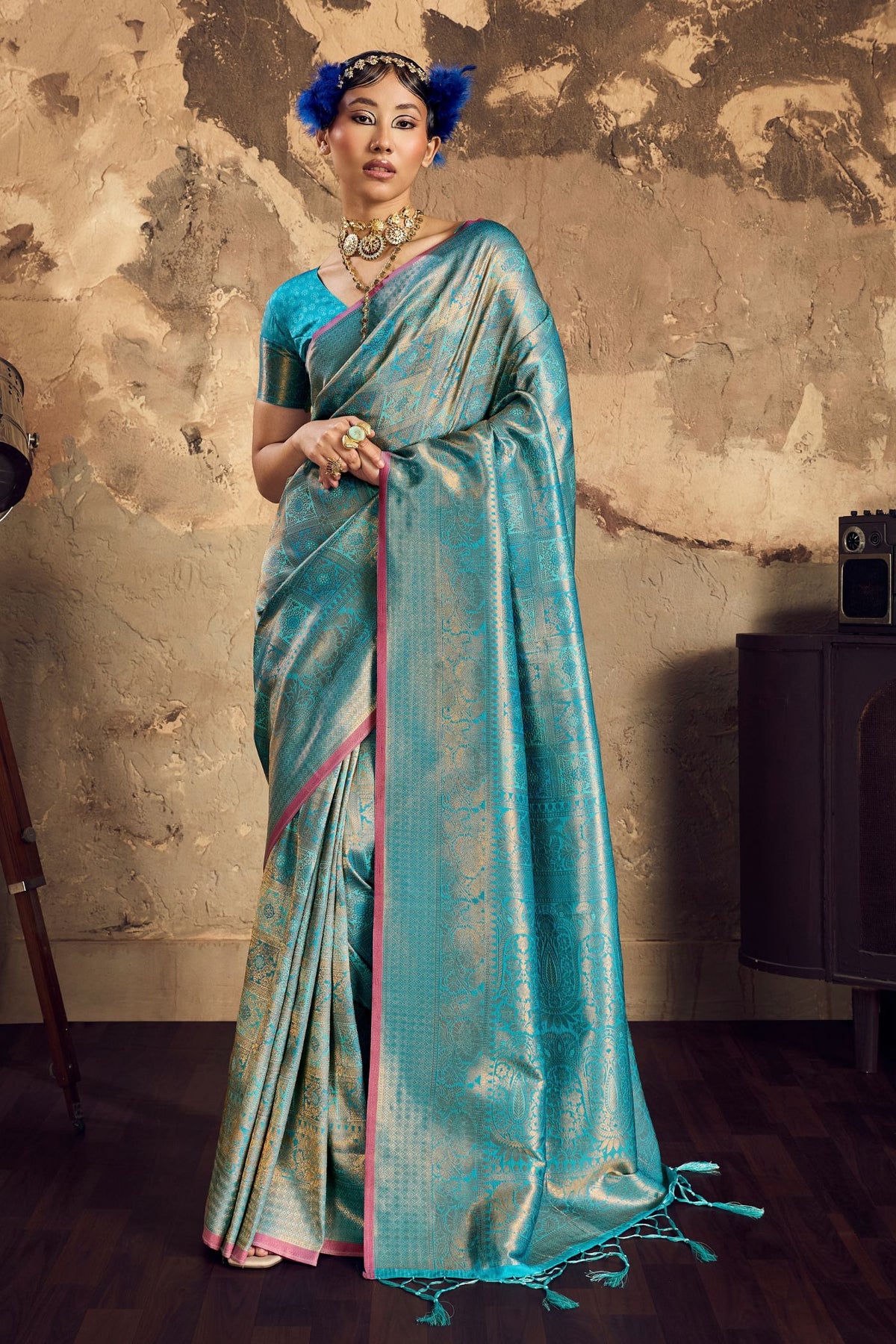 Buy MySilkLove Cornflower Blue Kanjivaram Handloom Saree Online