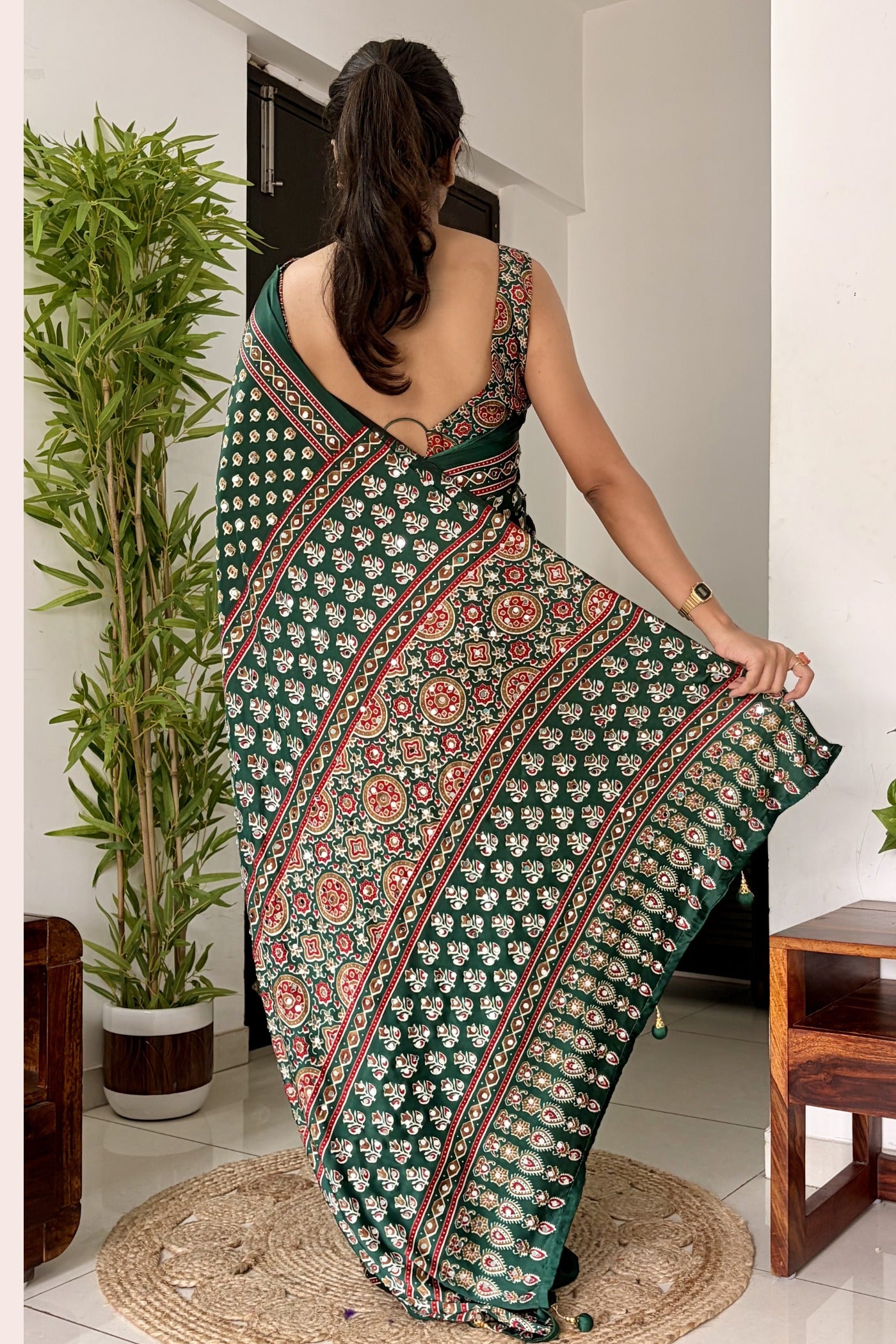 Buy MySilkLove Hunter Green Modal Ajrakh Satin Printed Mirror Work Saree Online